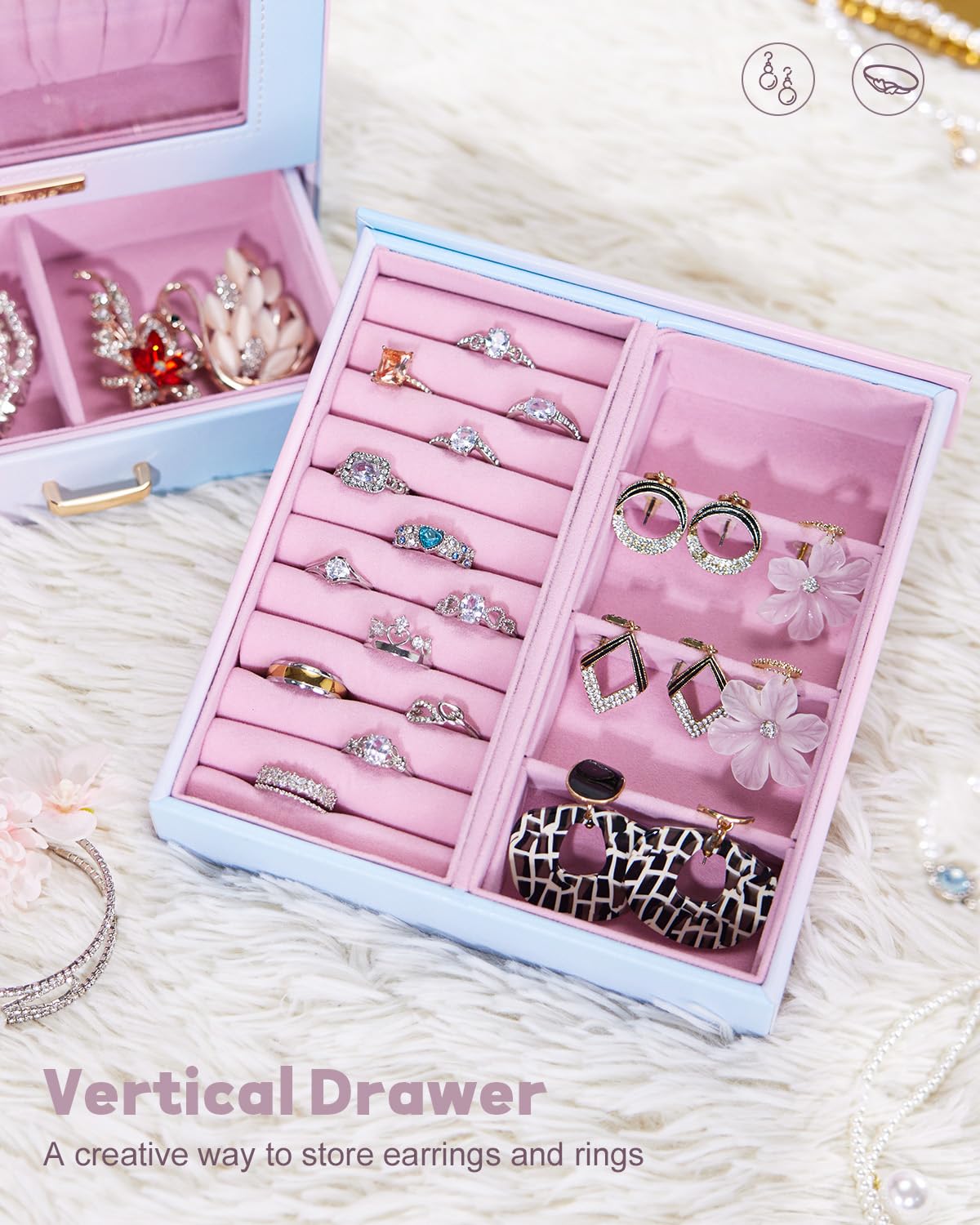 Homde Jewelry Organizer with Glass Window, 3 Drawers and Necklace Hooks-Homde