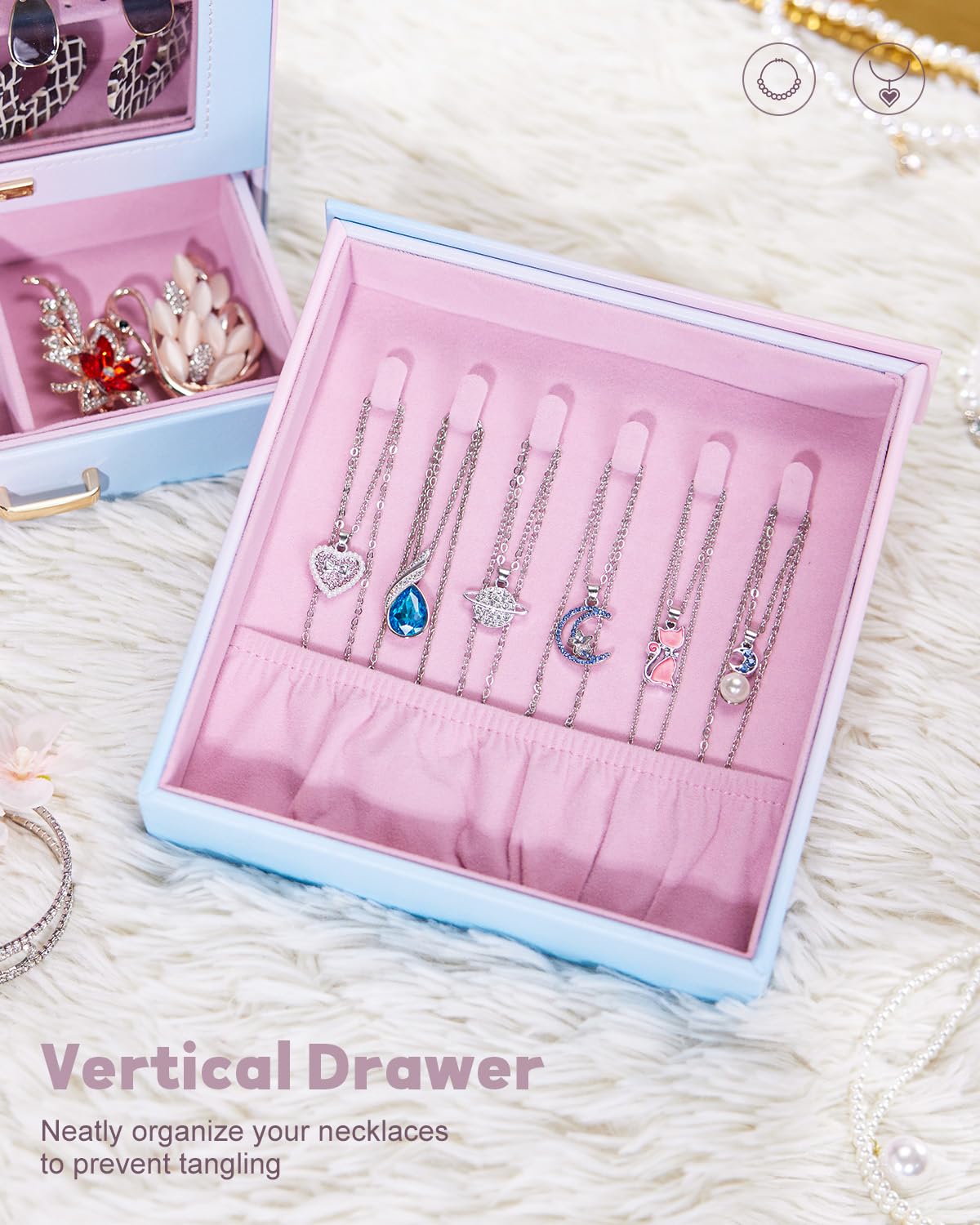 Homde Jewelry Organizer with Glass Window, 3 Drawers and Necklace Hooks-Homde