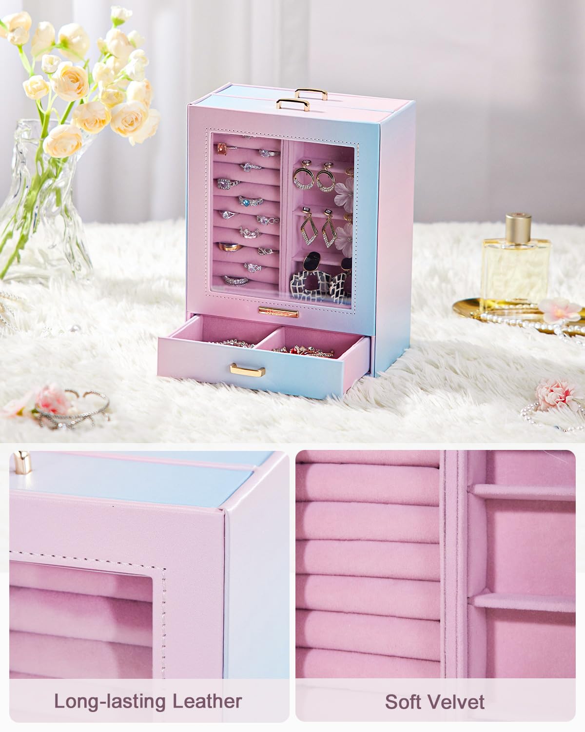 Homde Jewelry Organizer with Glass Window, 3 Drawers and Necklace Hooks-Homde