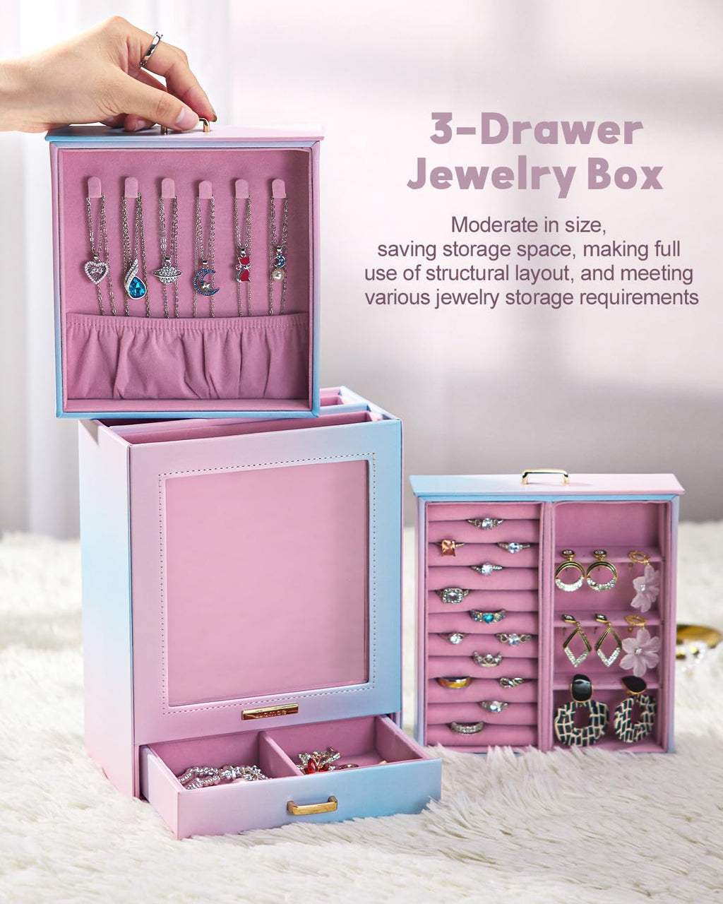 Homde Jewelry Organizer with Glass Window, 3 Drawers and Necklace Hooks-Homde