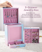 Homde Jewelry Organizer with Glass Window, 3 Drawers and Necklace Hooks-Homde