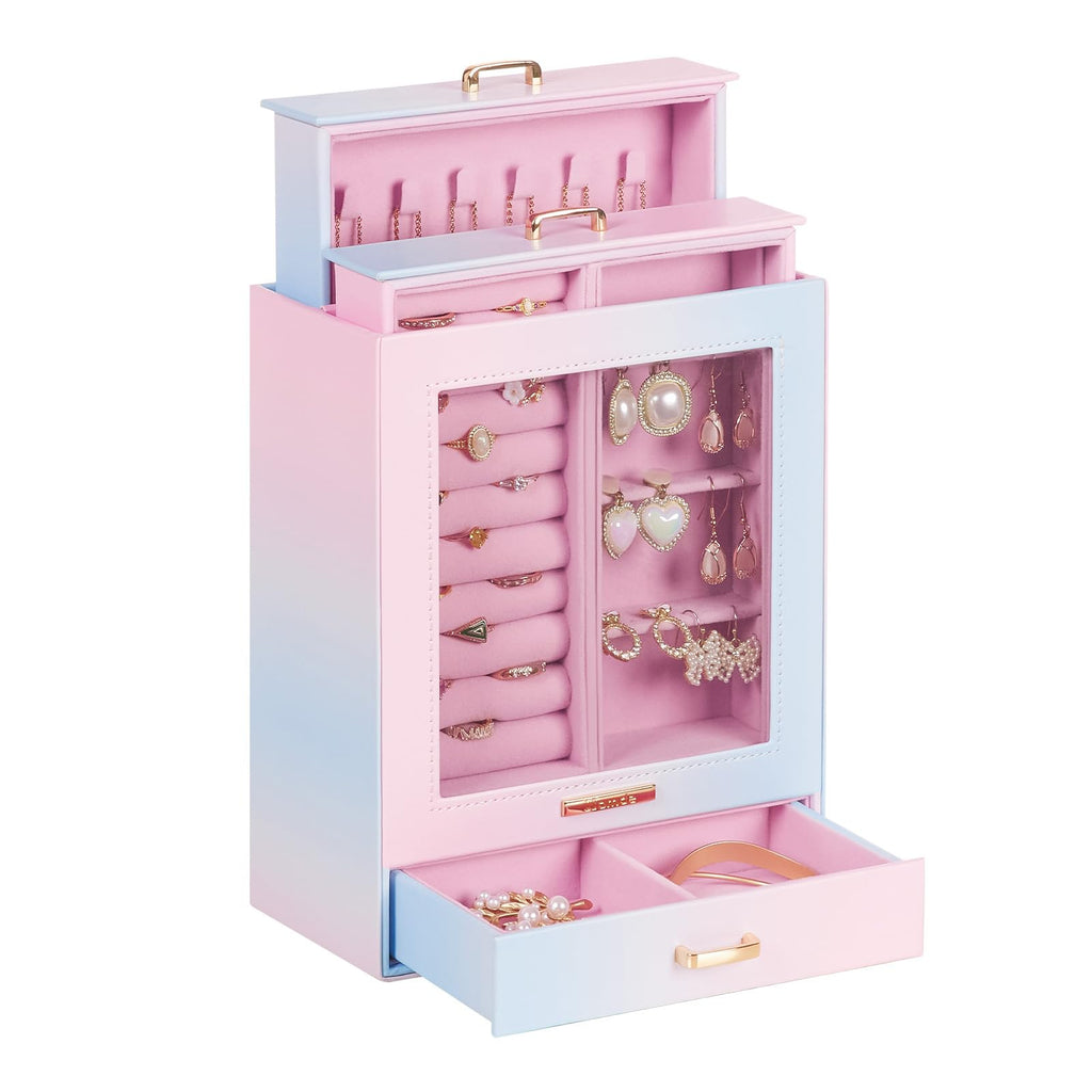 Homde Jewelry Organizer with Glass Window, 3 Drawers and Necklace Hooks-Homde
