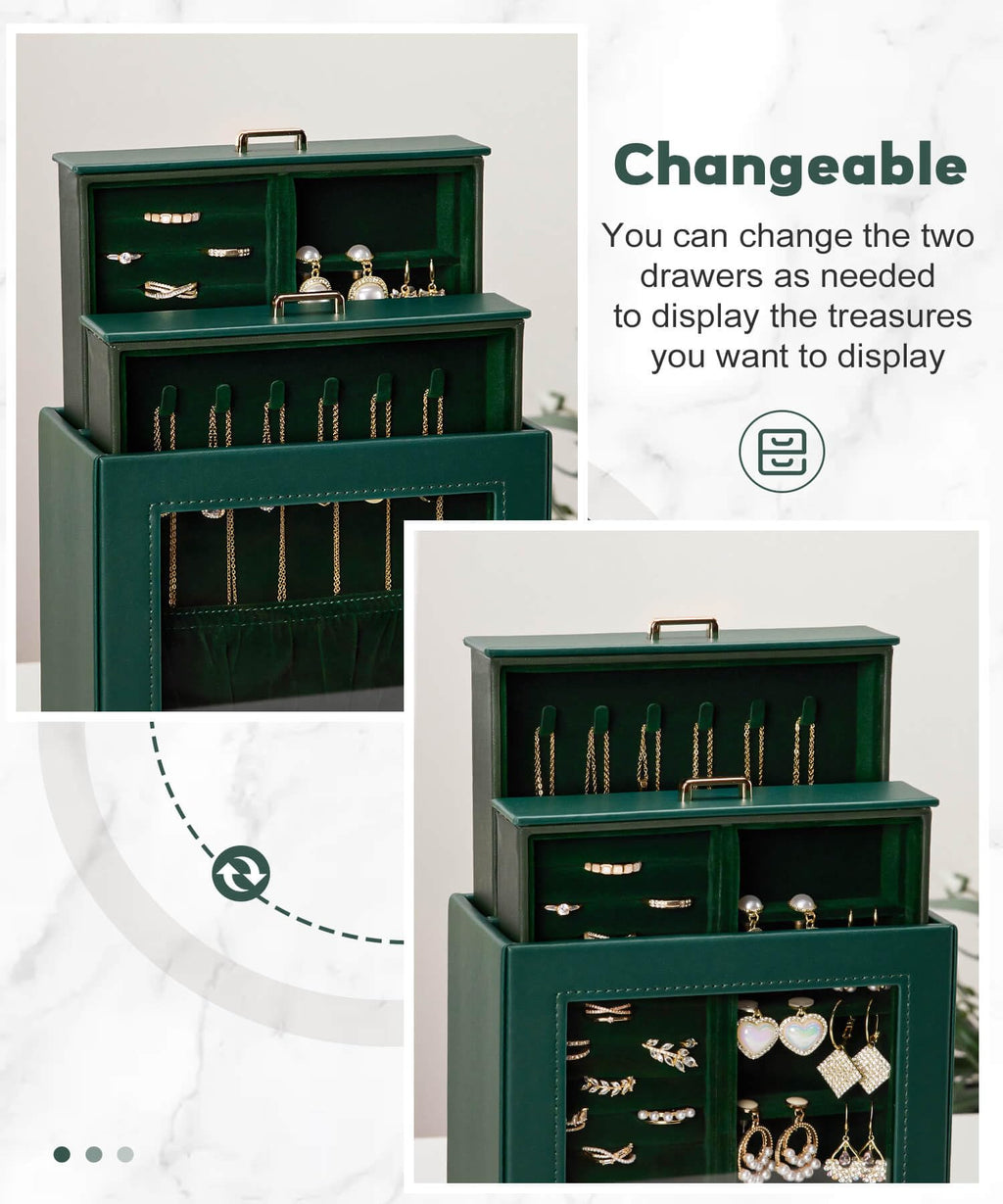 Homde Jewelry Organizer with Glass Window, 3 Drawers and Necklace Hooks-Homde