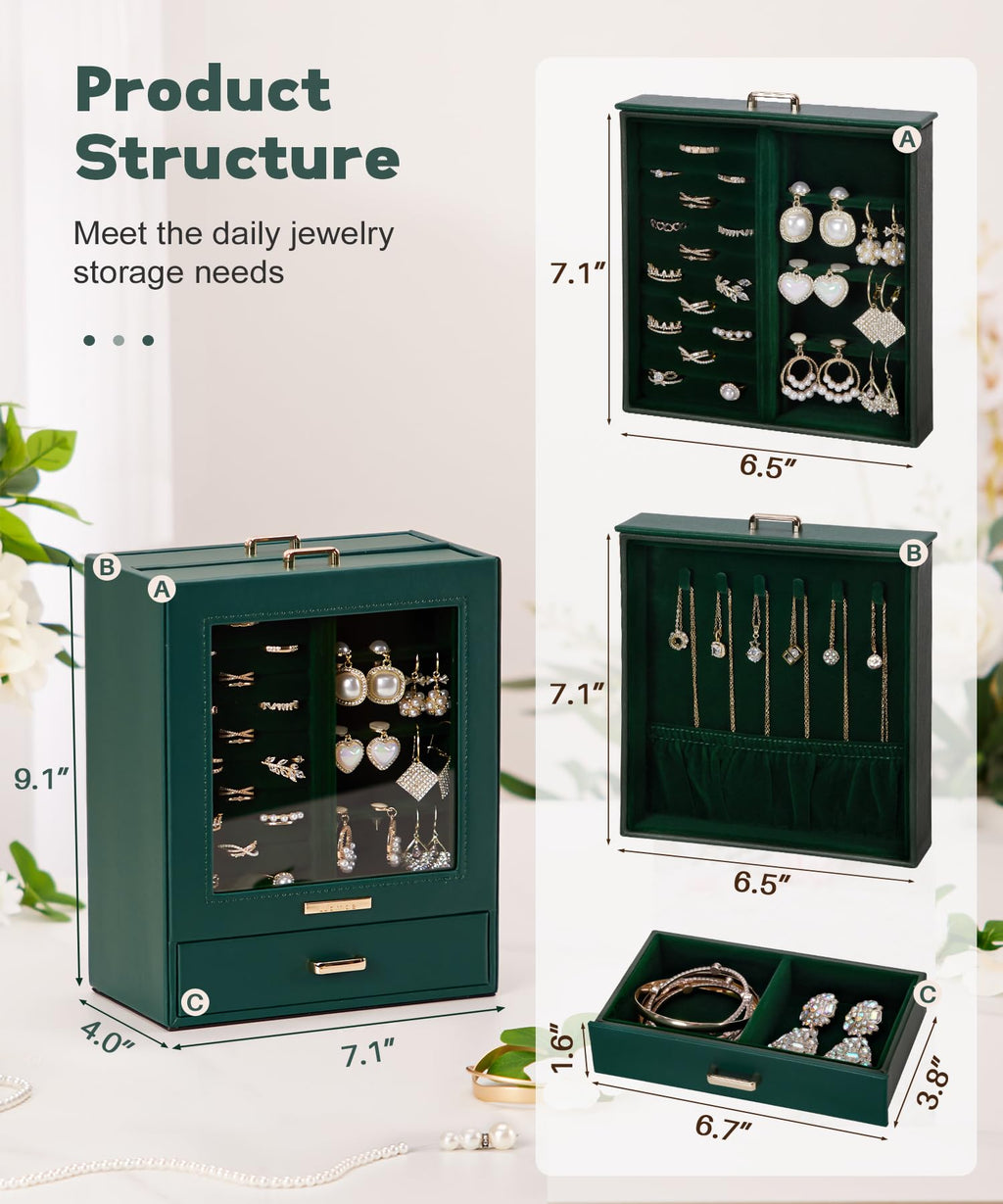 Homde Jewelry Organizer with Glass Window, 3 Drawers and Necklace Hooks-Homde