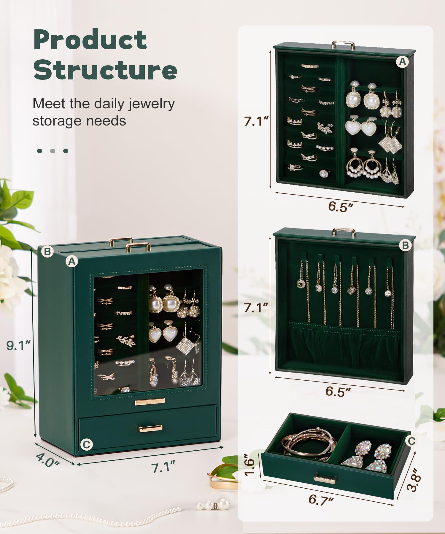 Homde Jewelry Organizer with Glass Window, 3 Drawers and Necklace Hooks-Homde