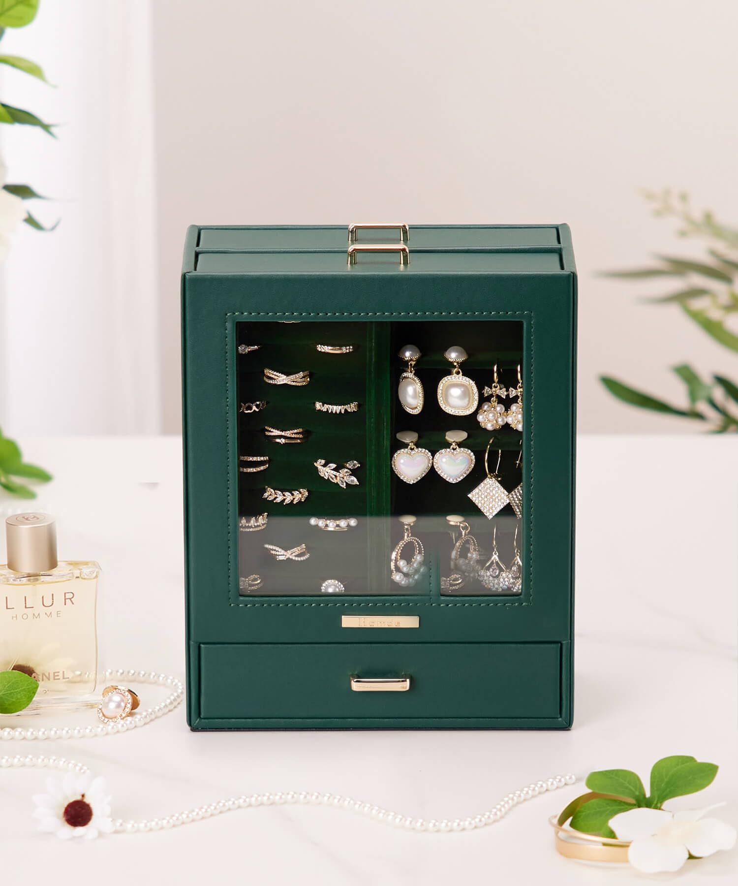 Homde Jewelry Organizer with Glass Window, 3 Drawers and Necklace Hooks-Homde