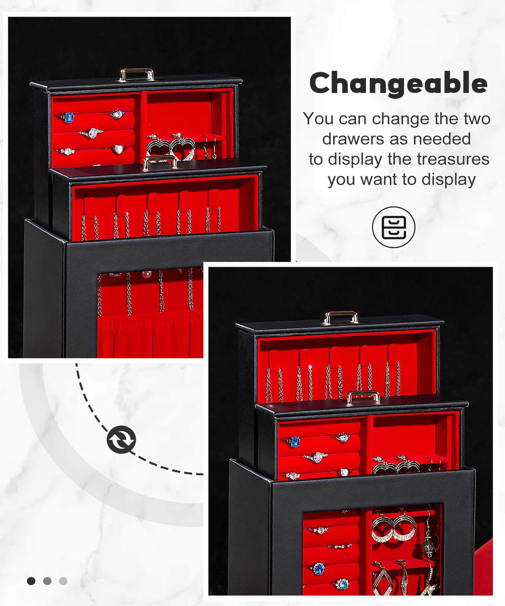 Homde Jewelry Organizer with Glass Window, 3 Drawers and Necklace Hooks-Homde