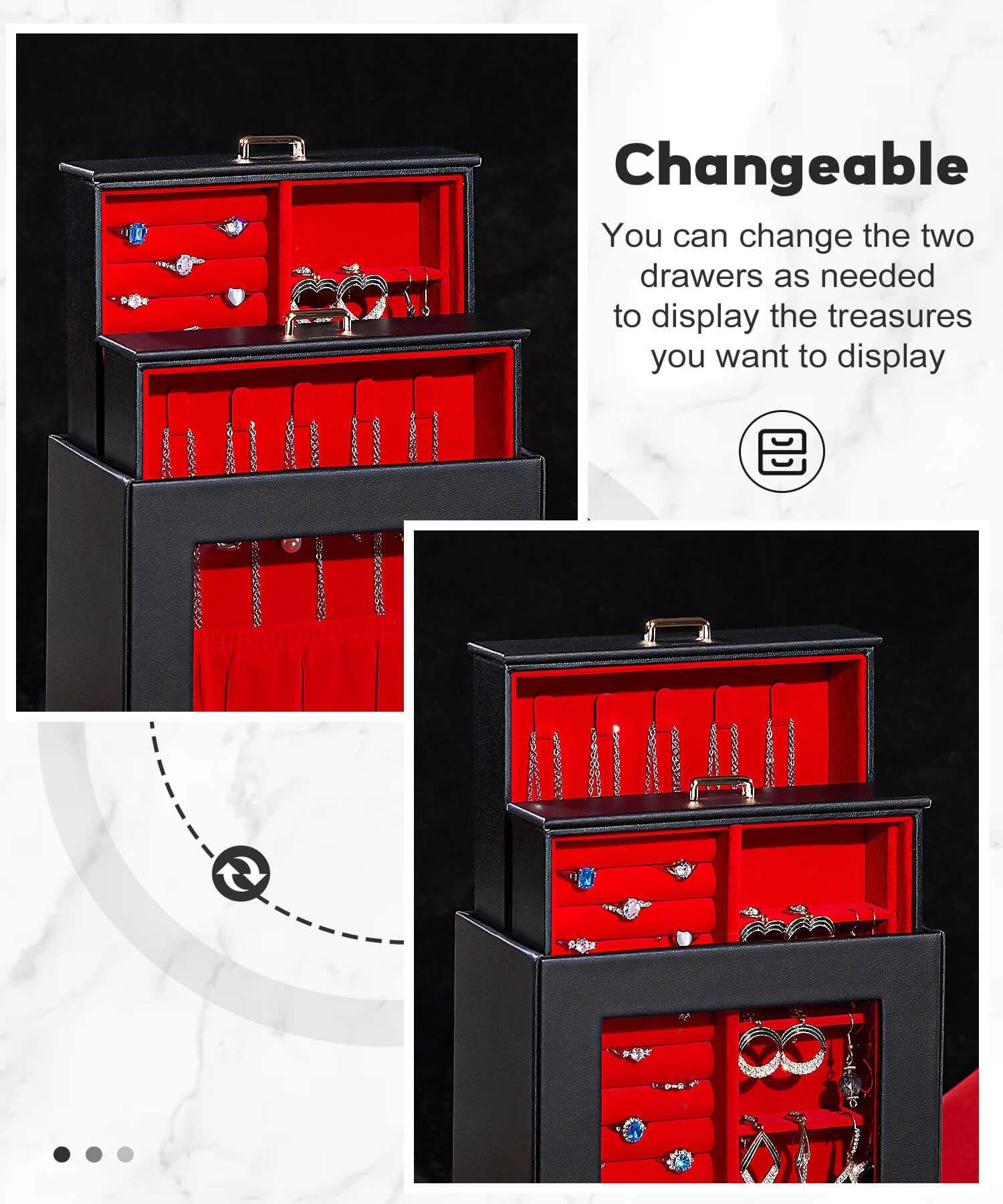 Homde Jewelry Organizer with Glass Window, 3 Drawers and Necklace Hooks-Homde