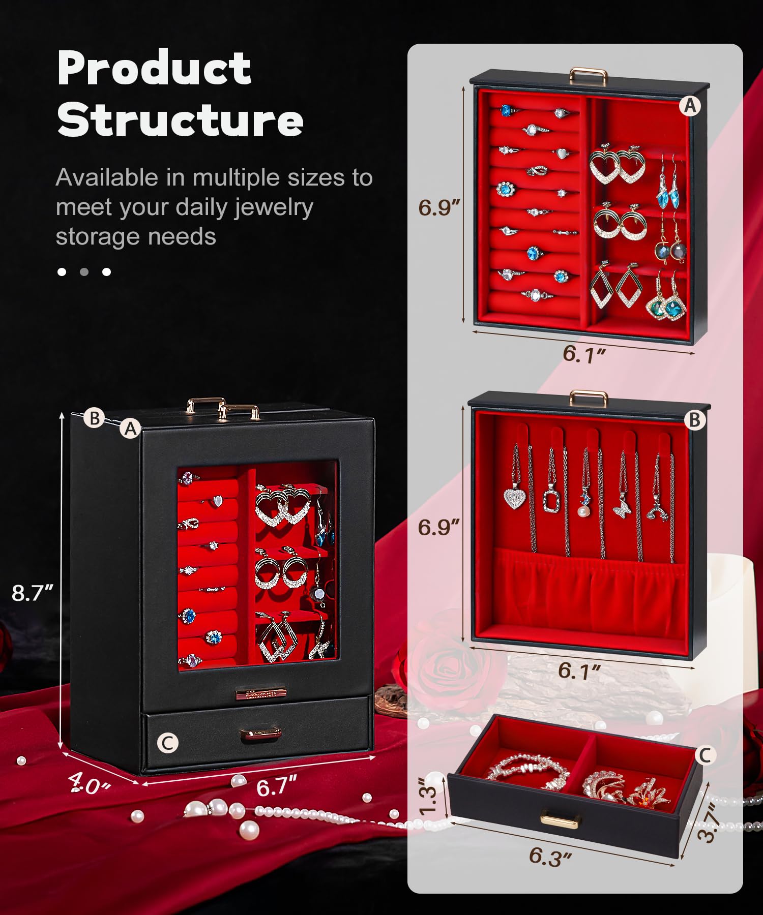 Homde Jewelry Organizer with Glass Window, 3 Drawers and Necklace Hooks-Homde