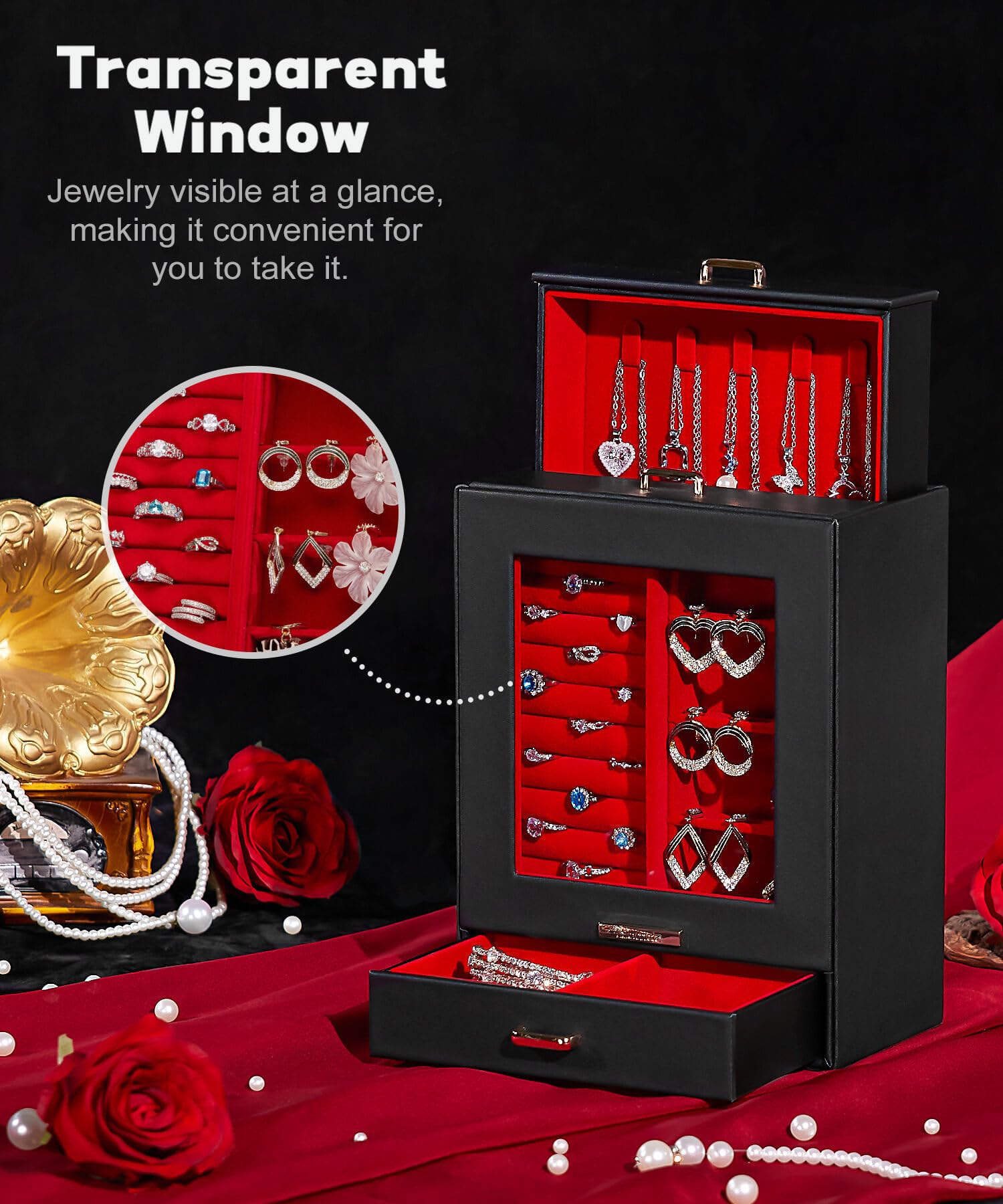 Homde Jewelry Organizer with Glass Window, 3 Drawers and Necklace Hooks-Homde