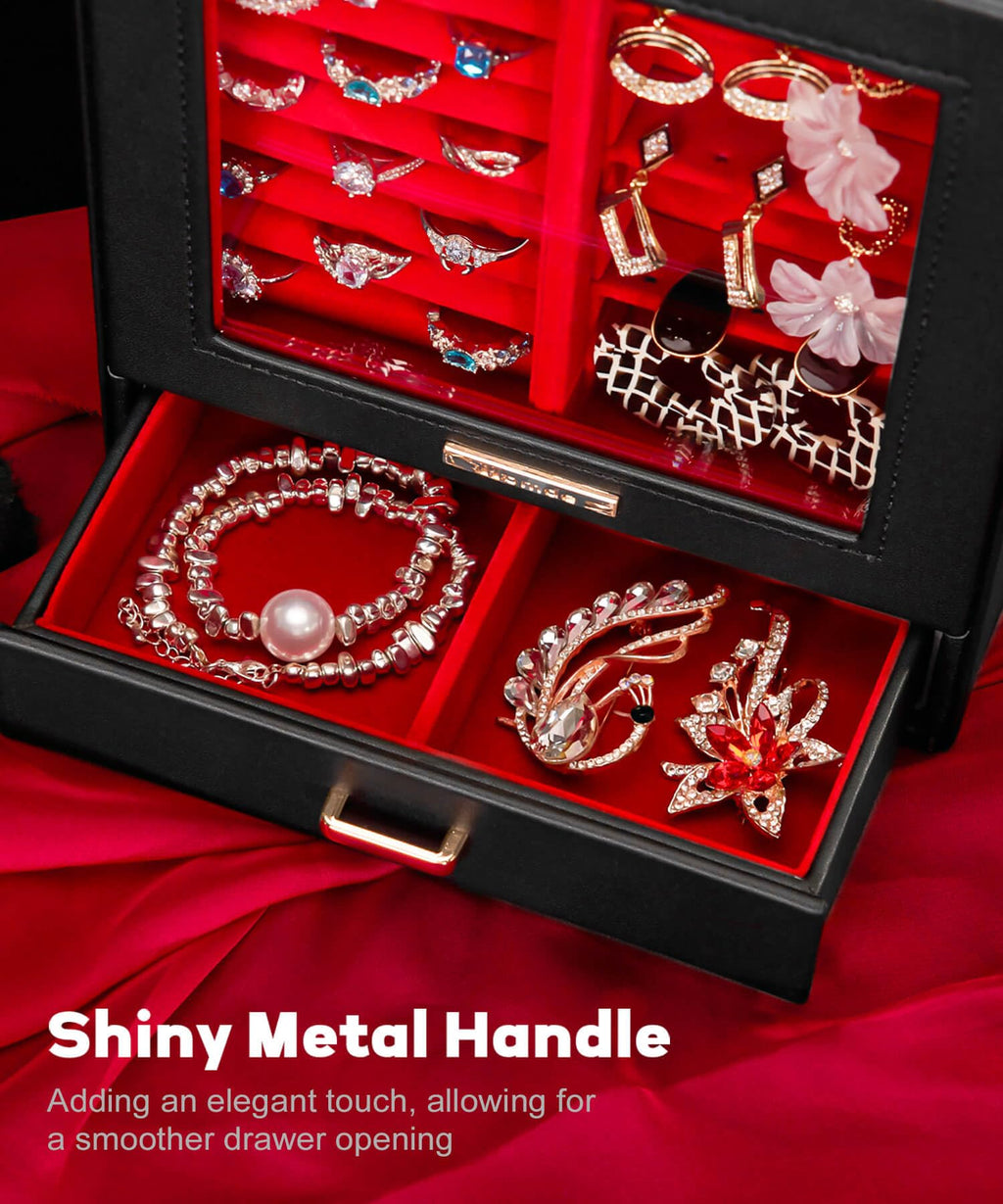 Homde Jewelry Organizer with Glass Window, 3 Drawers and Necklace Hooks-Homde