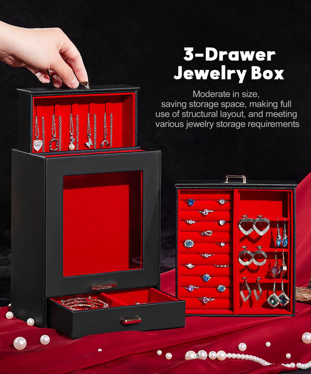 Homde Jewelry Organizer with Glass Window, 3 Drawers and Necklace Hooks-Homde