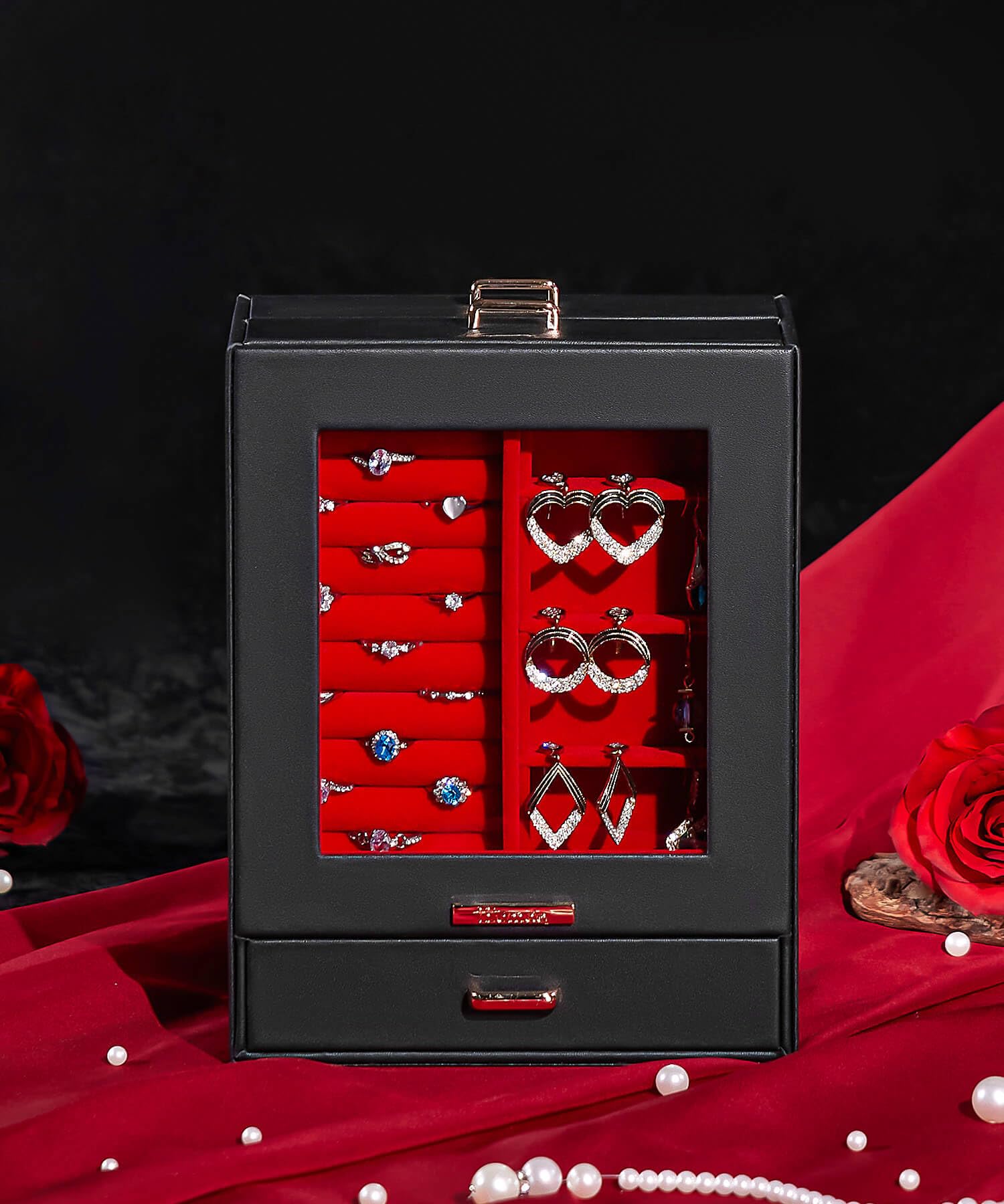Homde Jewelry Organizer with Glass Window, 3 Drawers and Necklace Hooks-Homde