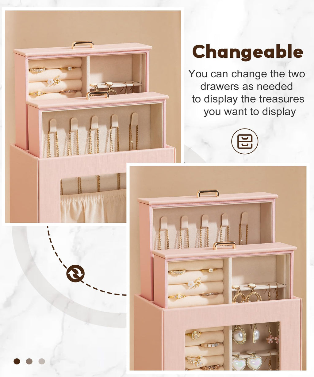 Homde Jewelry Organizer with Glass Window, 3 Drawers and Necklace Hooks-Homde