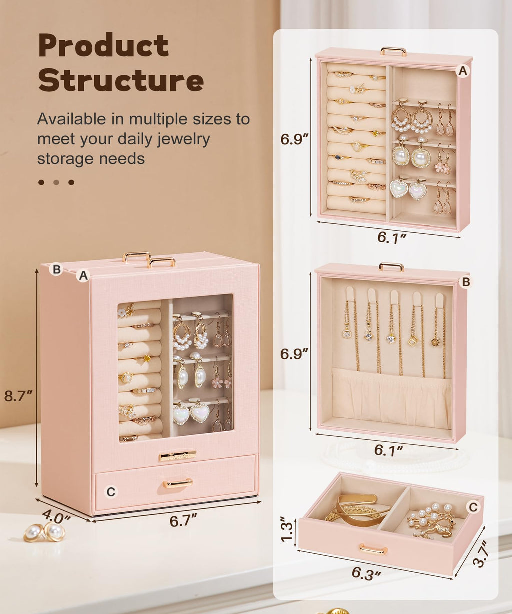 Homde Jewelry Organizer with Glass Window, 3 Drawers and Necklace Hooks-Homde