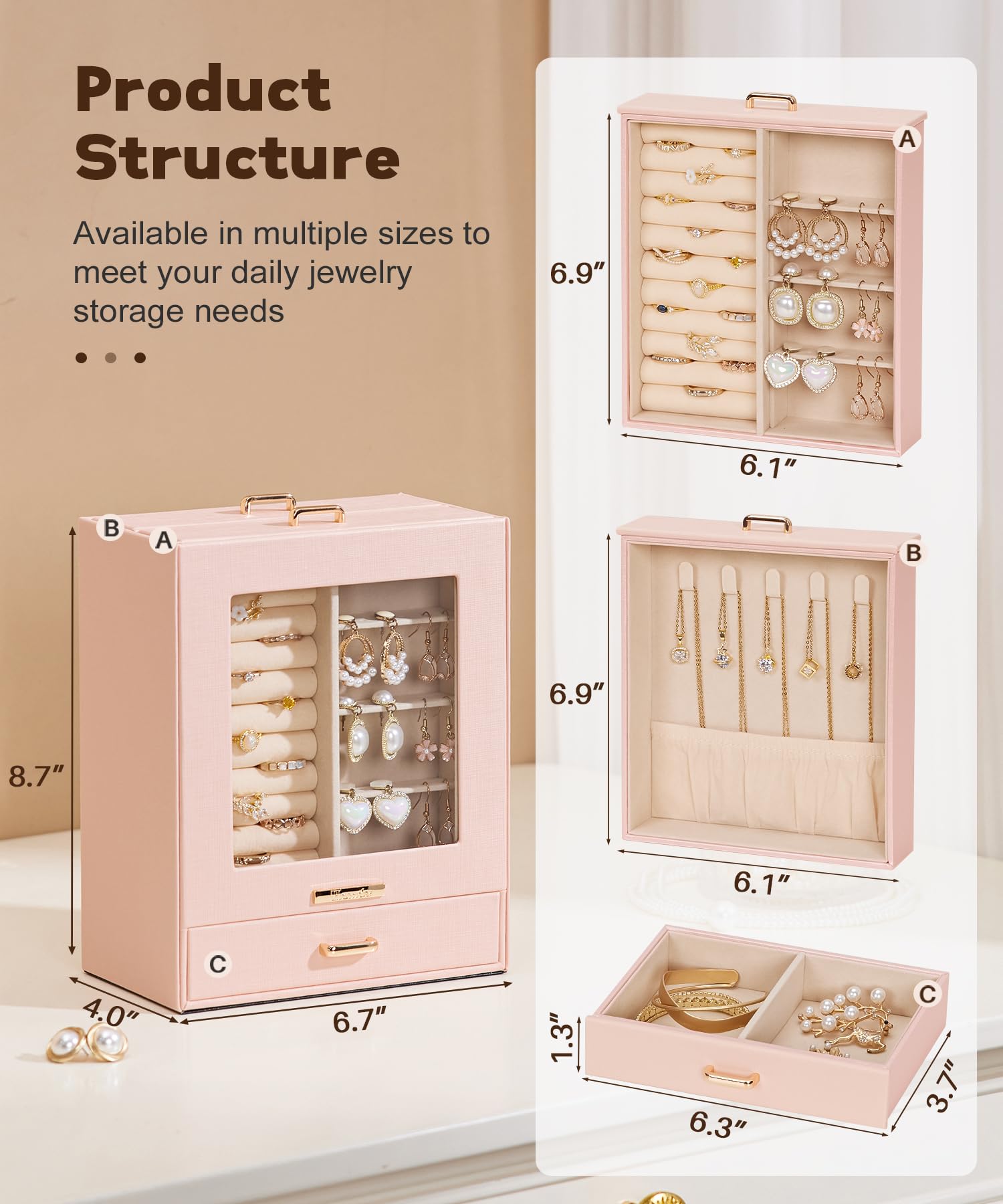 Homde Jewelry Organizer with Glass Window, 3 Drawers and Necklace Hooks-Homde
