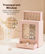 Homde Jewelry Organizer with Glass Window, 3 Drawers and Necklace Hooks-Homde