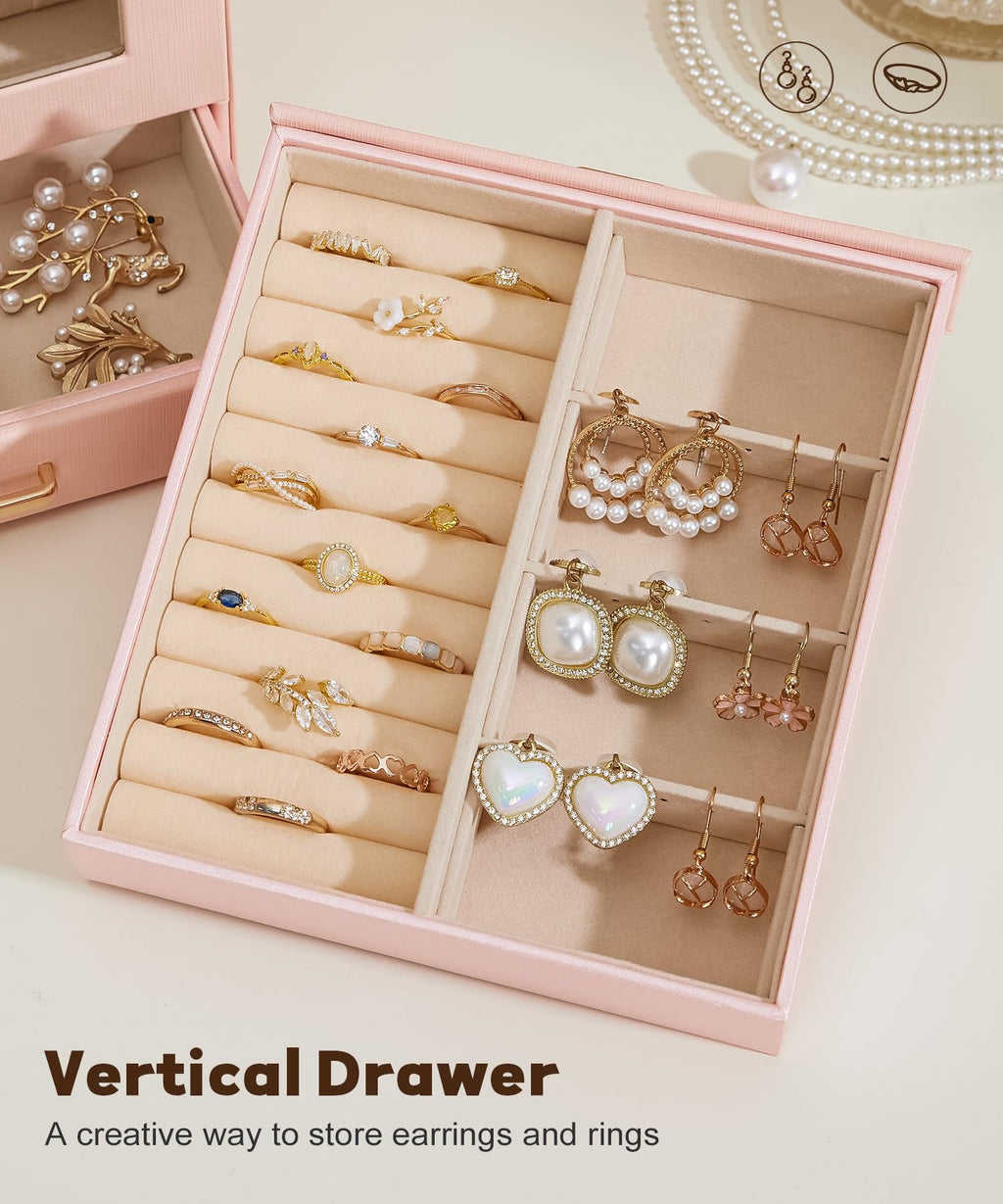 Homde Jewelry Organizer with Glass Window, 3 Drawers and Necklace Hooks-Homde