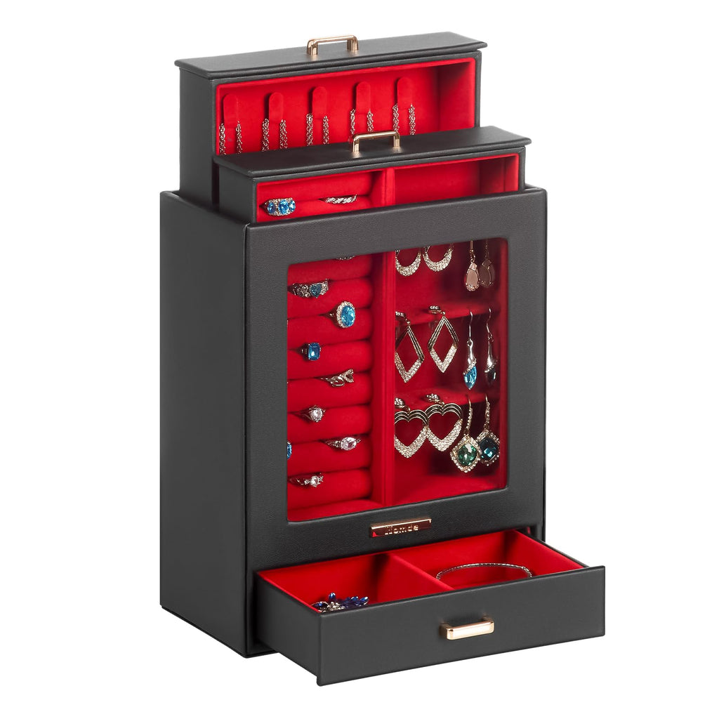 Homde Jewelry Organizer with Glass Window, 3 Drawers and Necklace Hooks-Homde