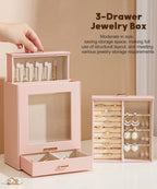 Homde Jewelry Organizer with Glass Window, 3 Drawers and Necklace Hooks-Homde