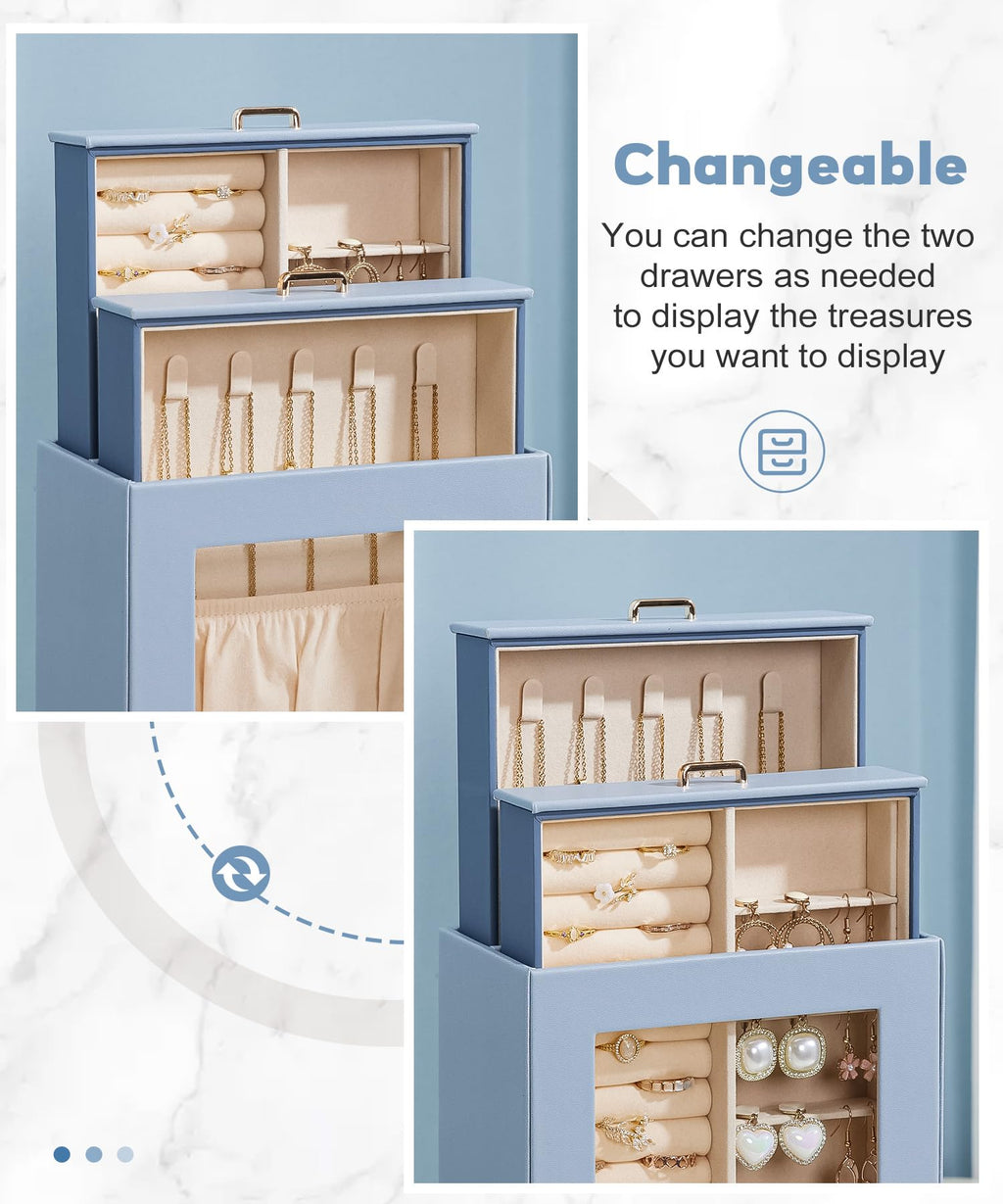 Homde Jewelry Organizer with Glass Window, 3 Drawers and Necklace Hooks-Homde