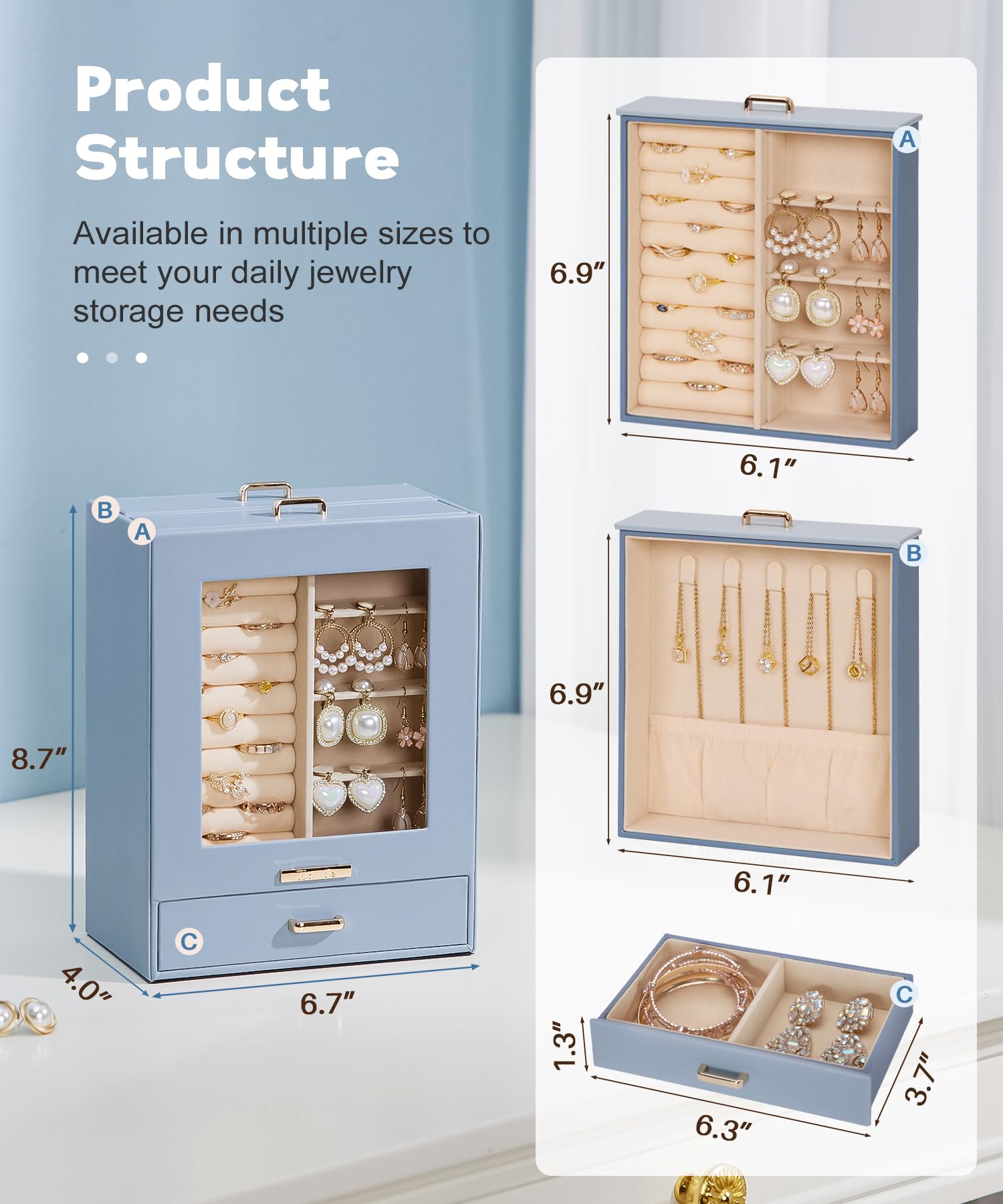 Homde Jewelry Organizer with Glass Window, 3 Drawers and Necklace Hooks-Homde