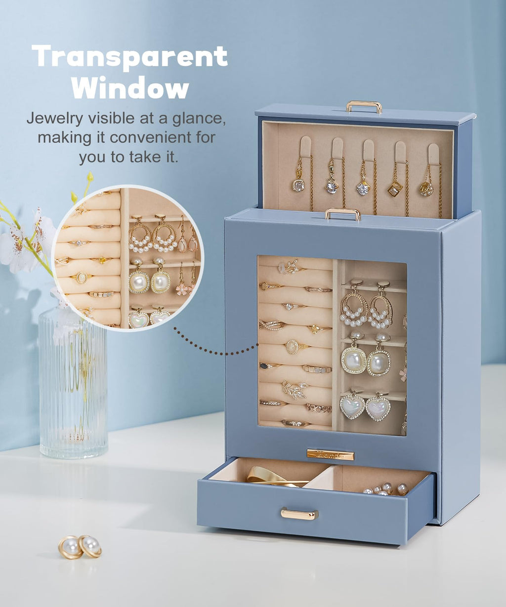 Homde Jewelry Organizer with Glass Window, 3 Drawers and Necklace Hooks-Homde