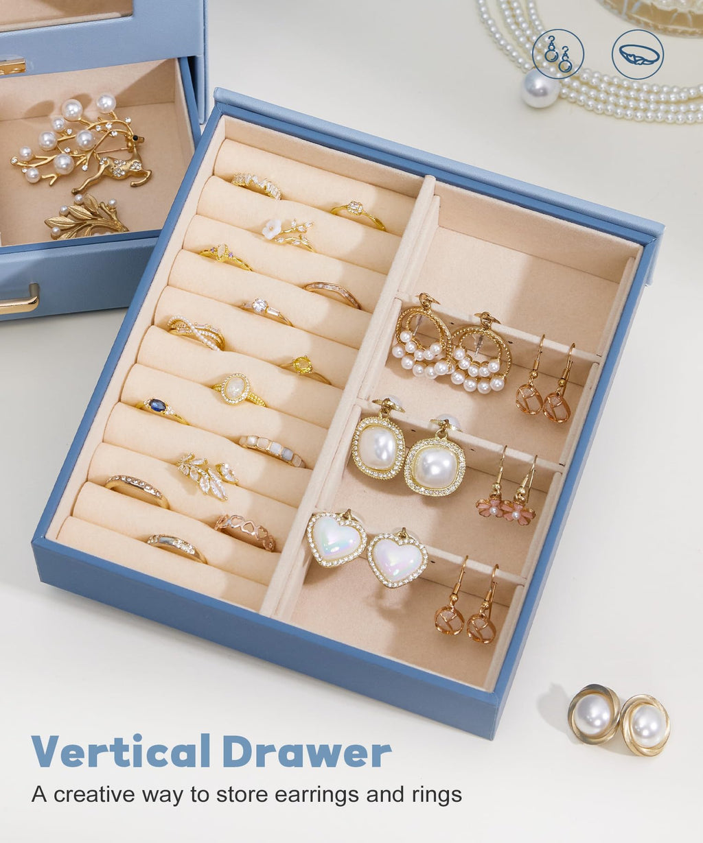 Homde Jewelry Organizer with Glass Window, 3 Drawers and Necklace Hooks-Homde