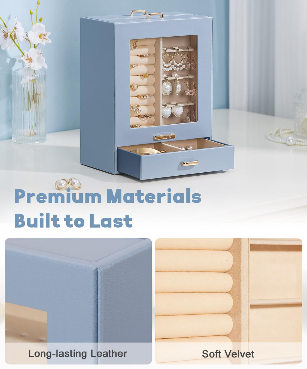 Homde Jewelry Organizer with Glass Window, 3 Drawers and Necklace Hooks-Homde