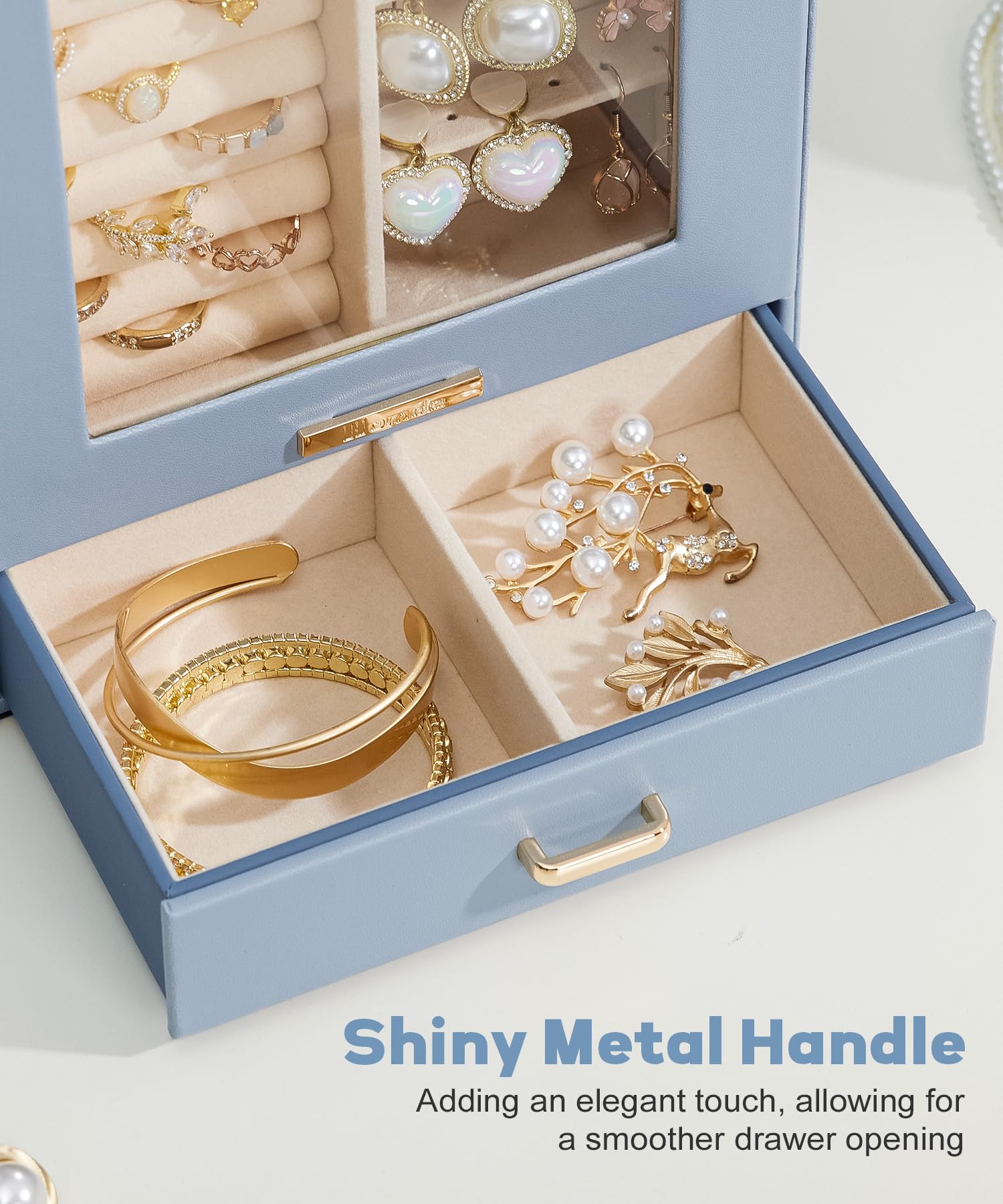 Homde Jewelry Organizer with Glass Window, 3 Drawers and Necklace Hooks-Homde