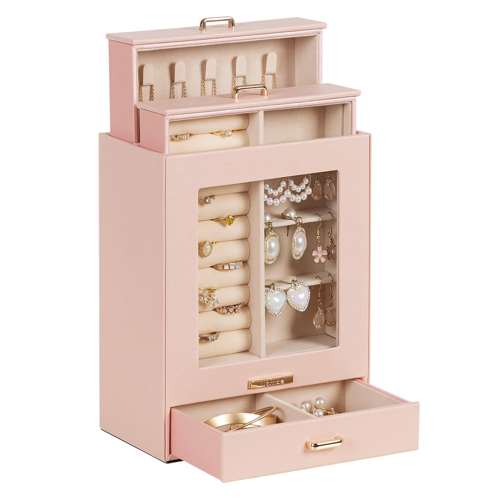 Homde Jewelry Organizer with Glass Window, 3 Drawers and Necklace Hooks-Homde