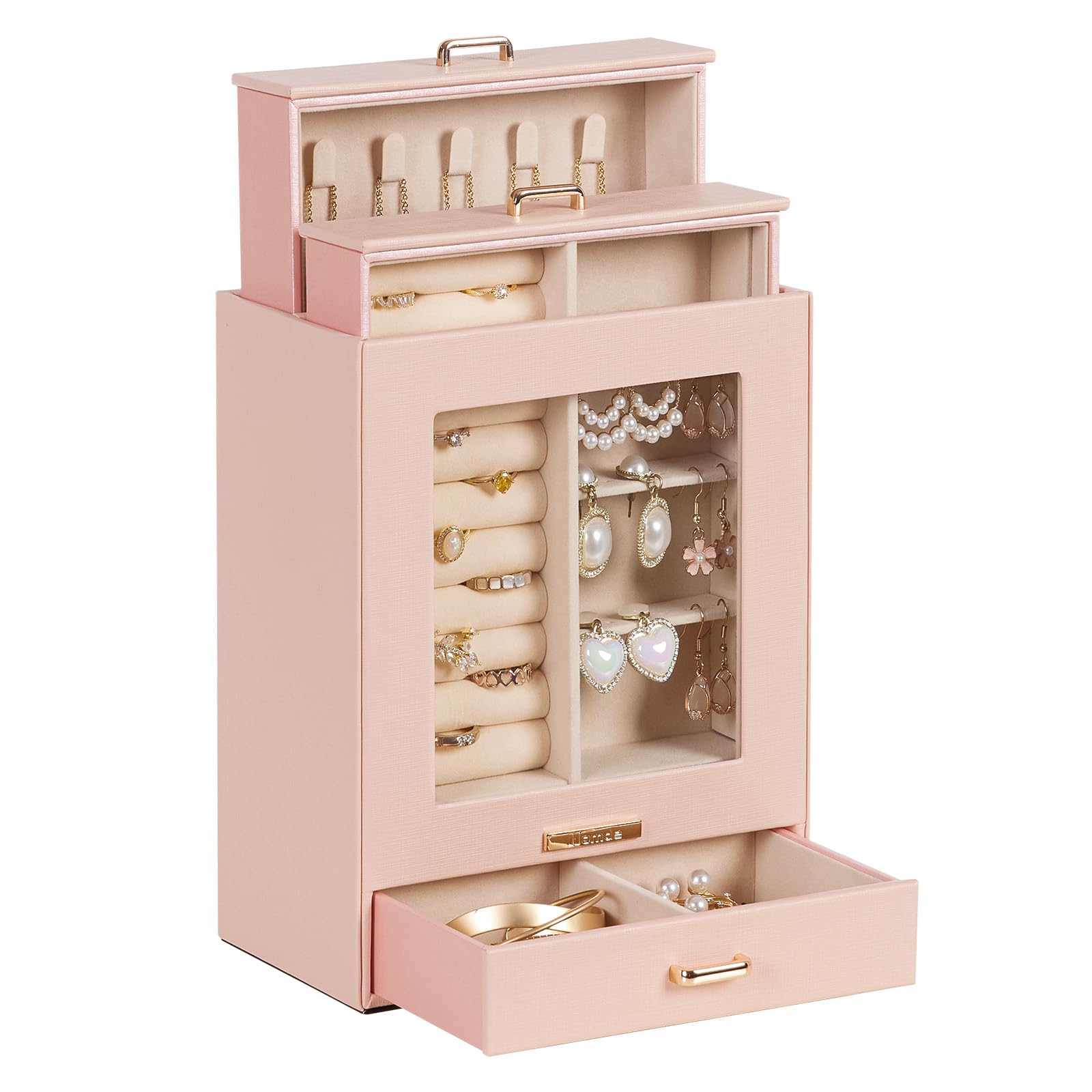 Homde Jewelry Organizer with Glass Window, 3 Drawers and Necklace Hooks-Homde