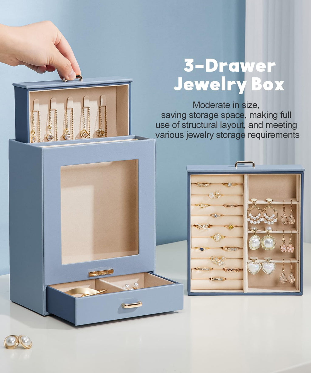 Homde Jewelry Organizer with Glass Window, 3 Drawers and Necklace Hooks-Homde