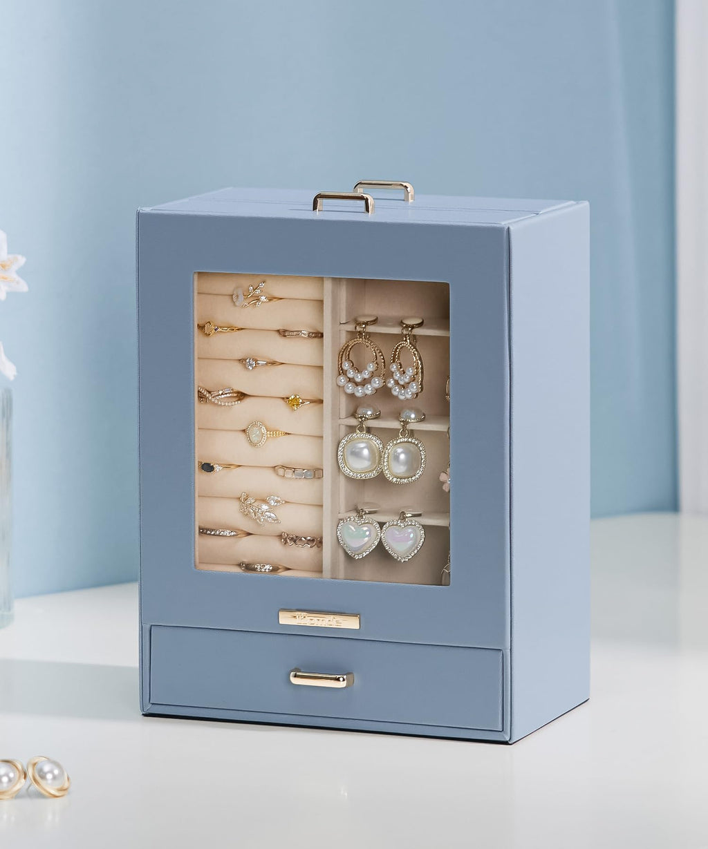 Homde Jewelry Organizer with Glass Window, 3 Drawers and Necklace Hooks-Homde