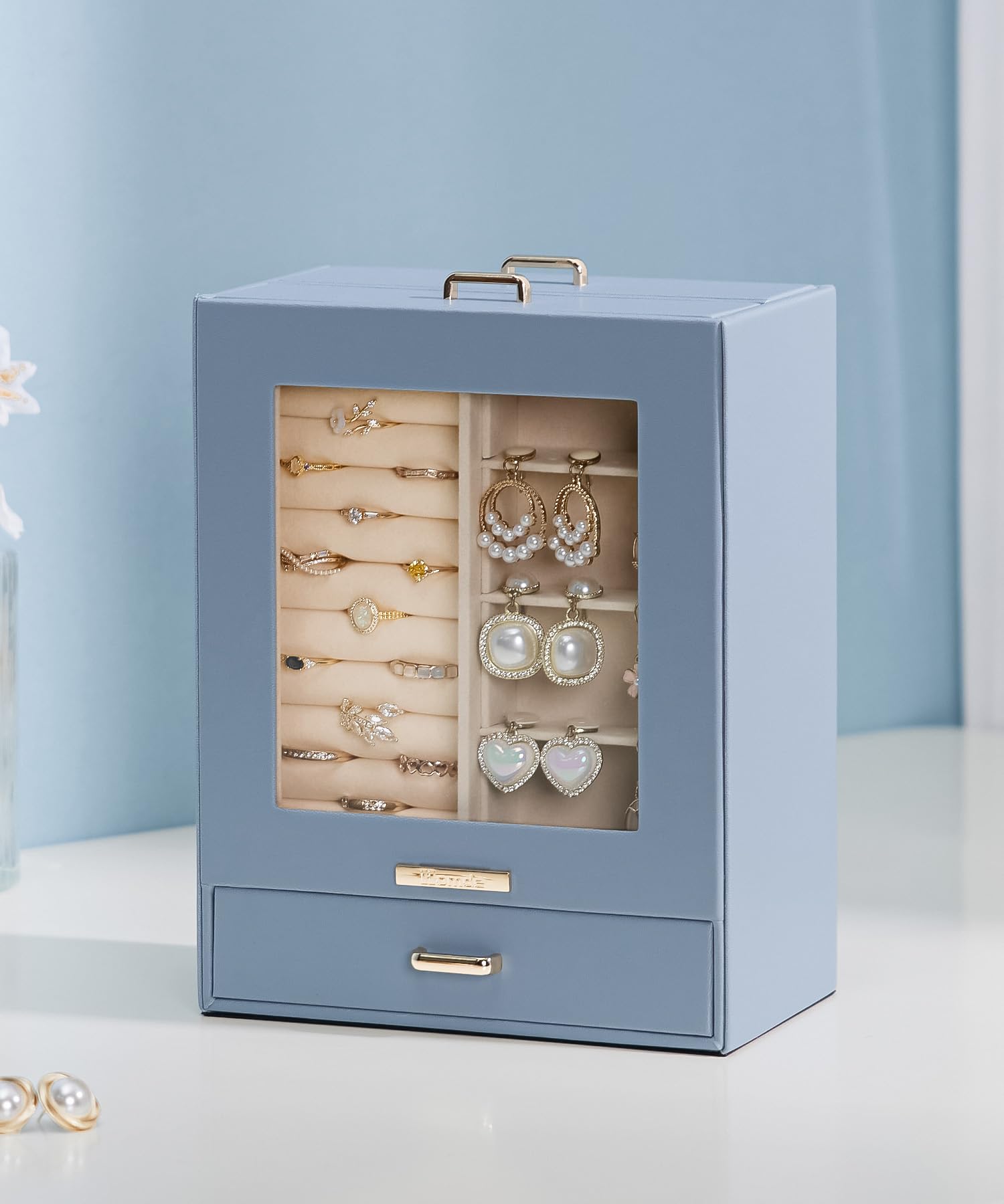 Homde Jewelry Organizer with Glass Window, 3 Drawers and Necklace Hooks-Homde