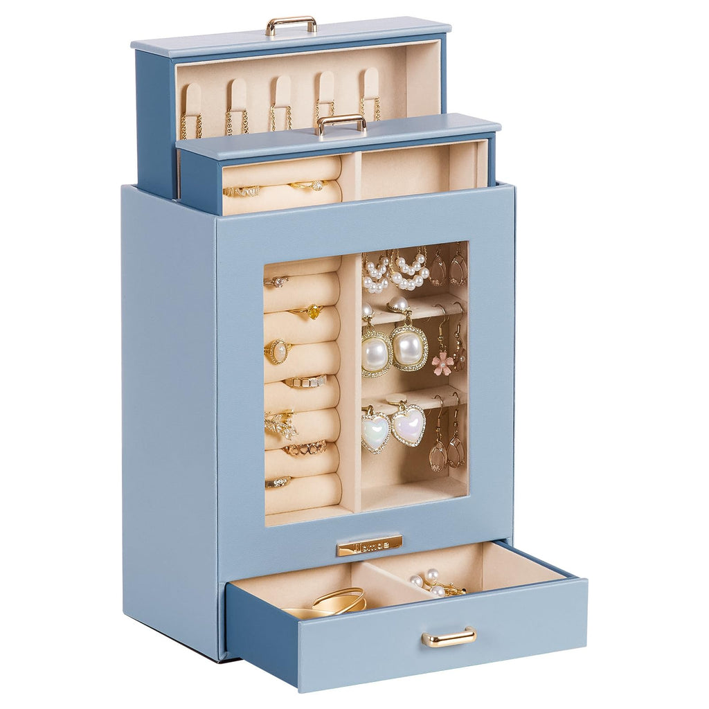 Homde Jewelry Organizer with Glass Window, 3 Drawers and Necklace Hooks-Homde