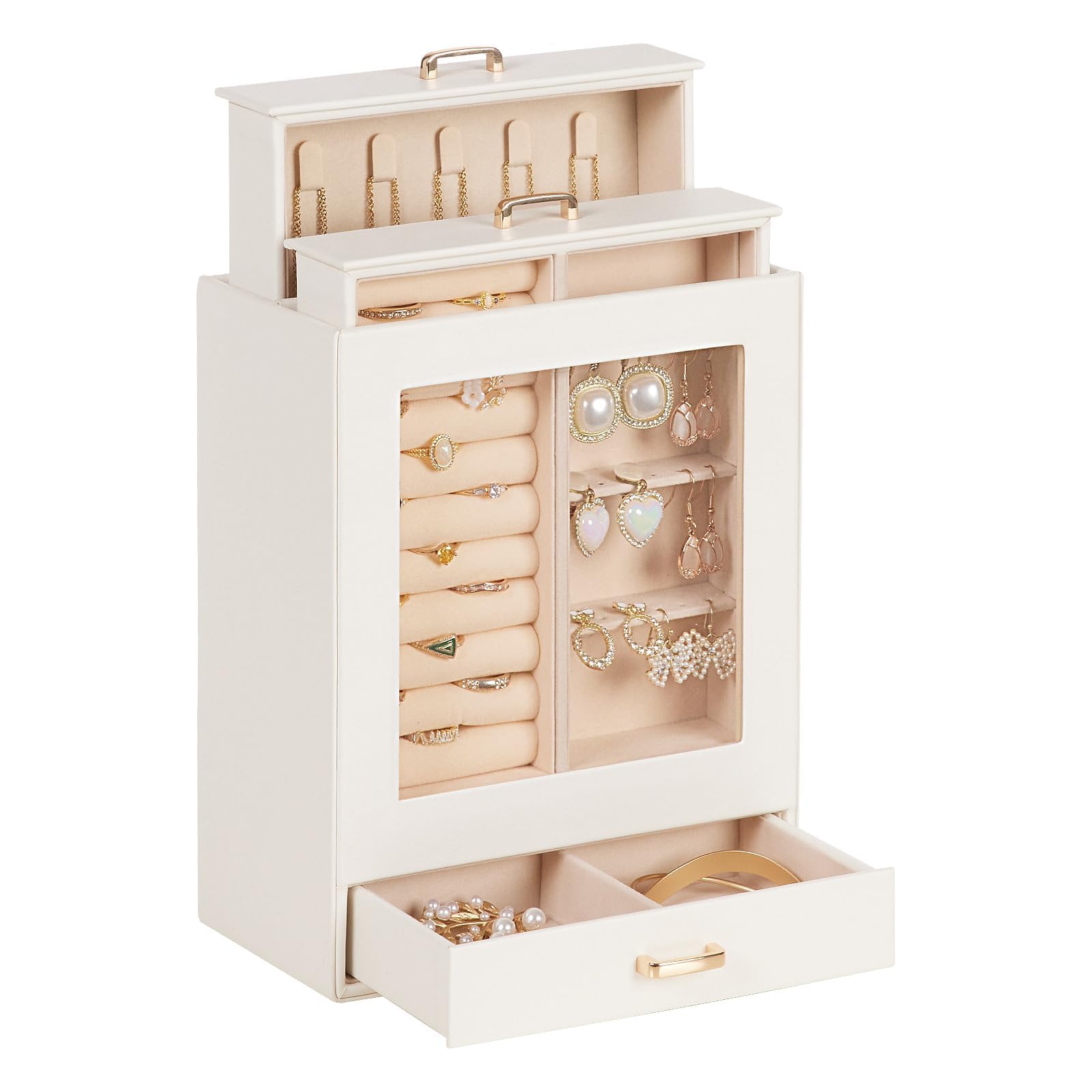 Homde Jewelry Organizer with Glass Window, 3 Drawers and Necklace Hooks-Homde