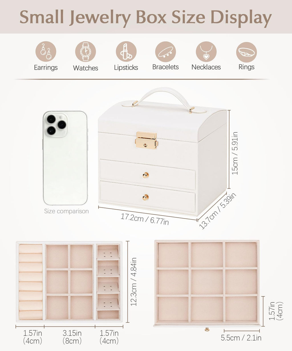 Homde Small Girls Jewelry Box with Lock, Removable Tray and 2 Drawers-Homde