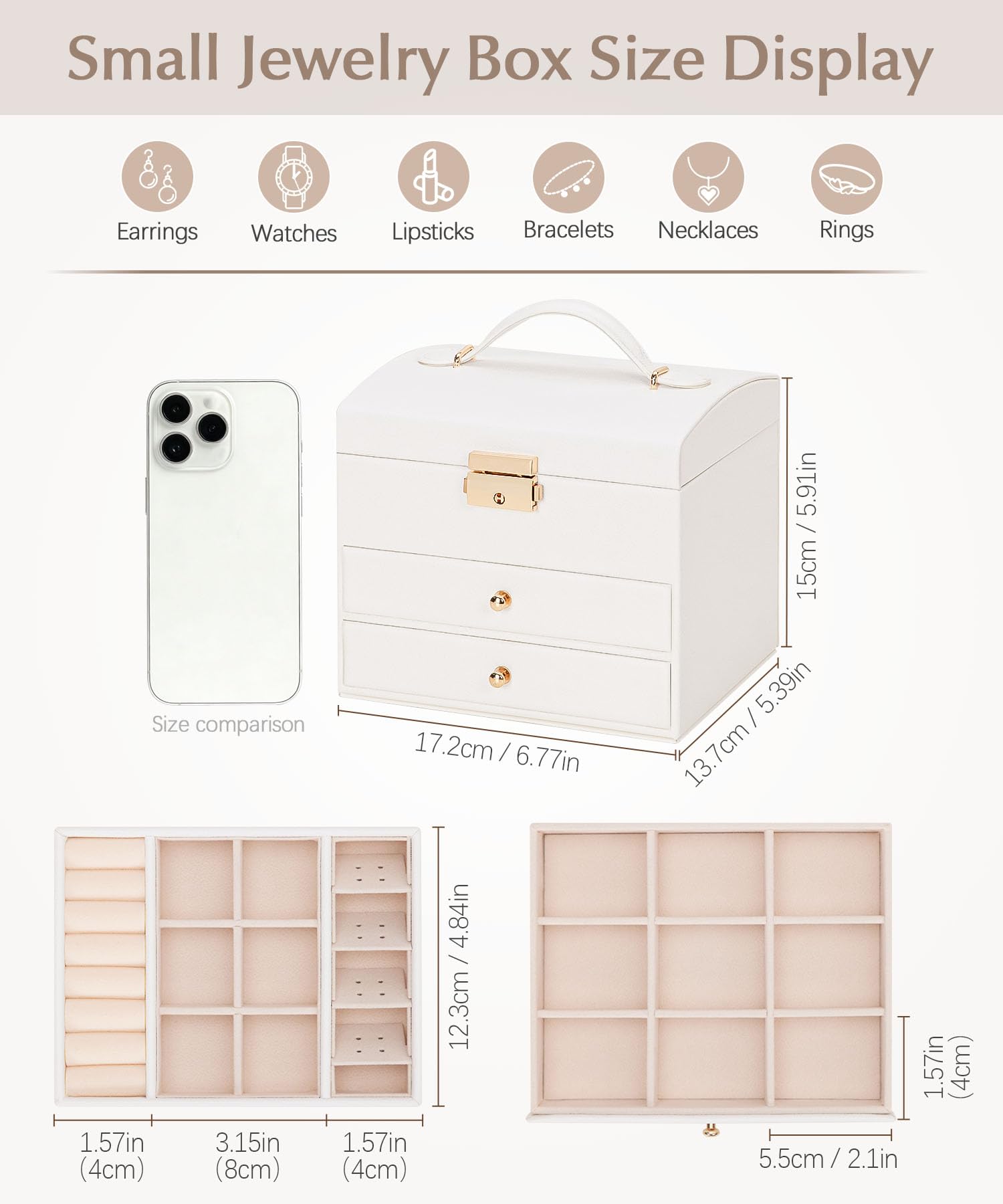 Homde Small Girls Jewelry Box with Lock, Removable Tray and 2 Drawers-Homde