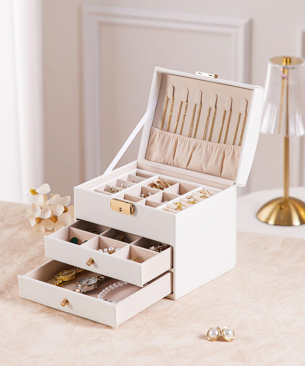 Homde Small Girls Jewelry Box with Lock, Removable Tray and 2 Drawers-Homde