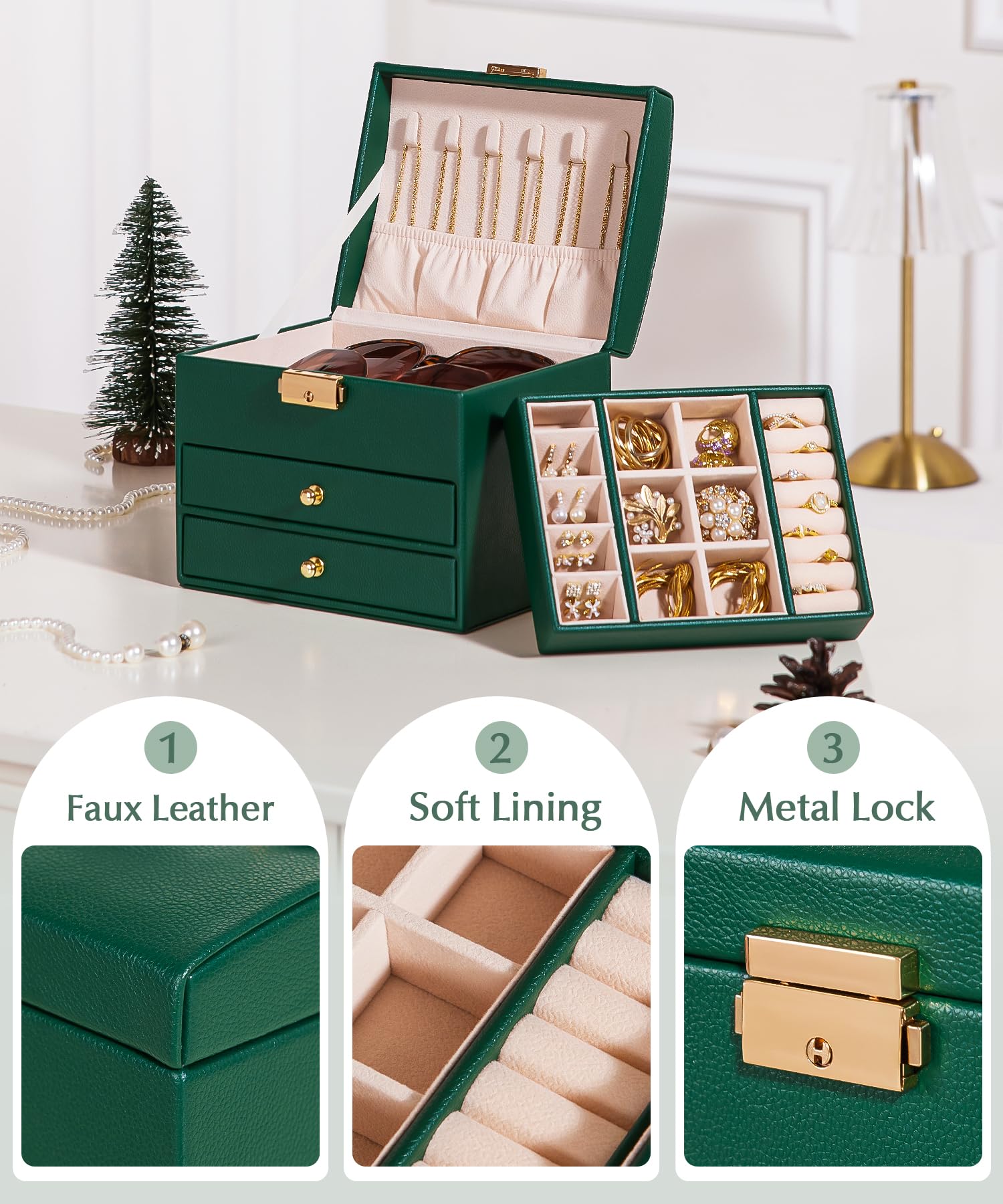 Homde Small Girls Jewelry Box with Lock, Removable Tray and 2 Drawers-Homde