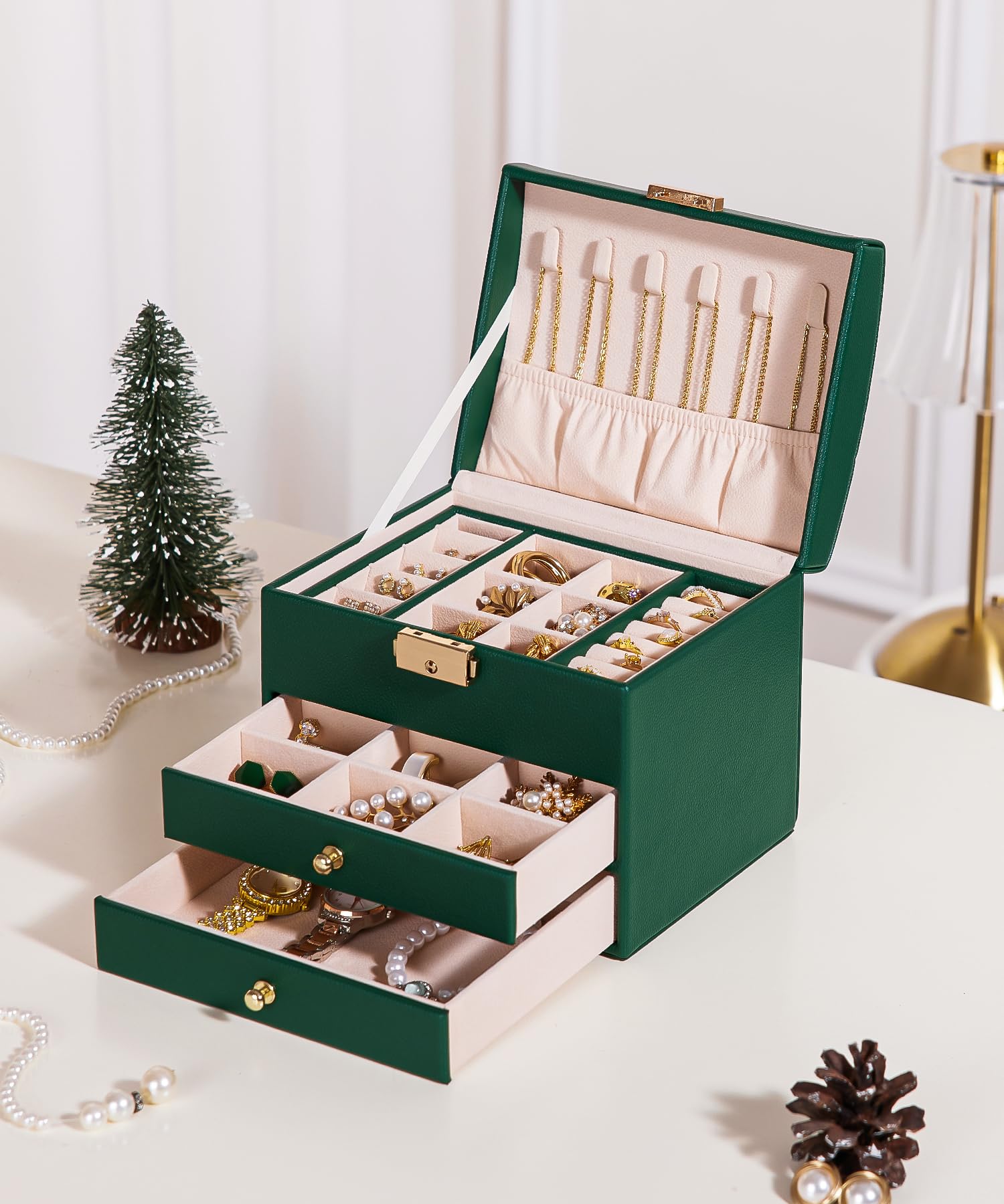 Homde Small Girls Jewelry Box with Lock, Removable Tray and 2 Drawers-Homde
