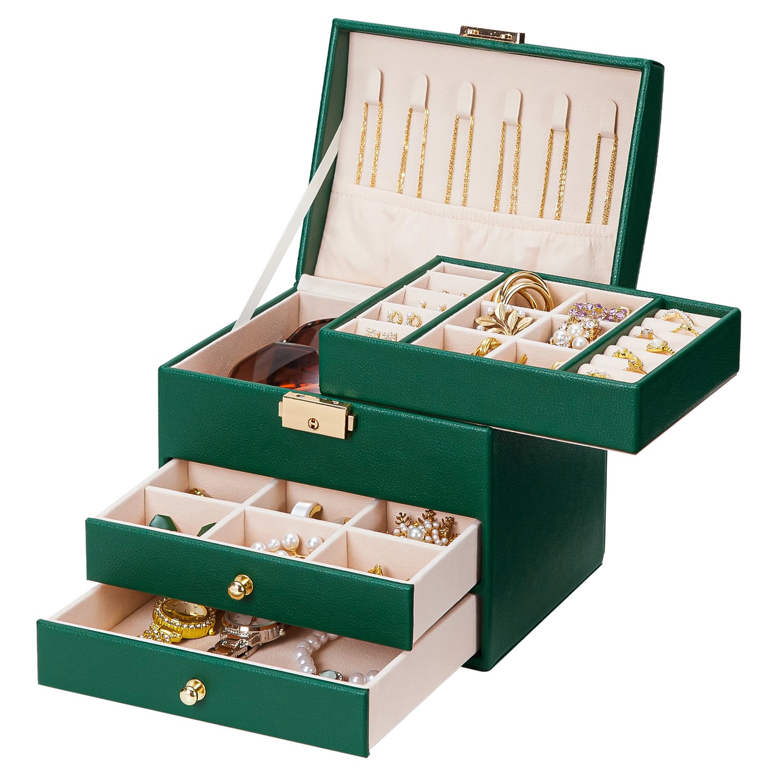 Homde Small Girls Jewelry Box with Lock, Removable Tray and 2 Drawers-Homde