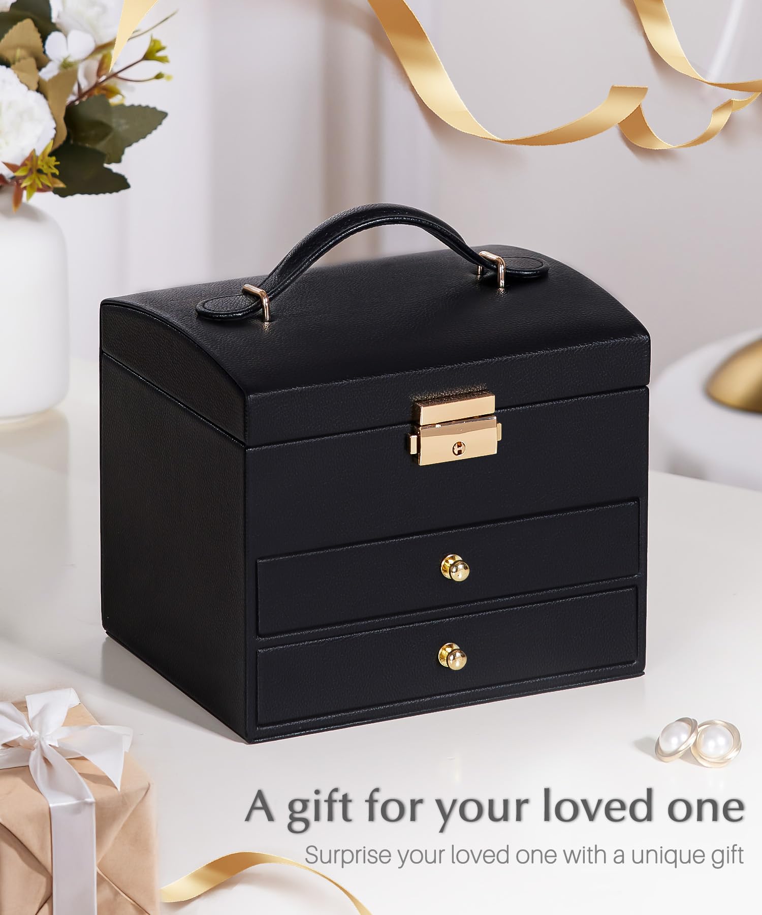 Homde Small Girls Jewelry Box with Lock, Removable Tray and 2 Drawers-Homde