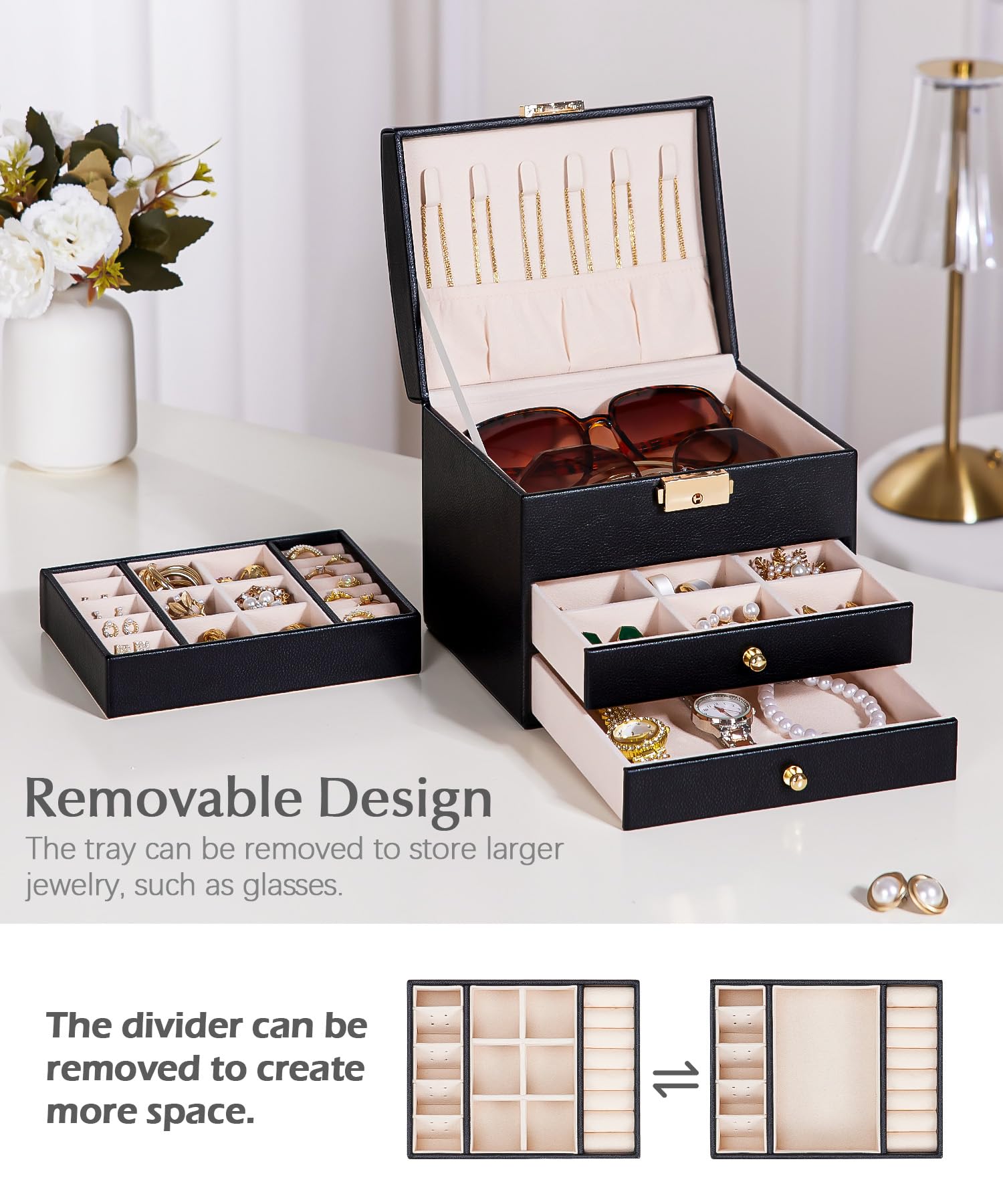 Homde Small Girls Jewelry Box with Lock, Removable Tray and 2 Drawers-Homde