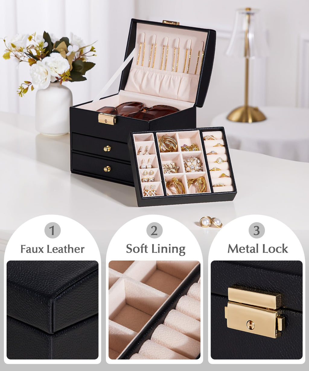 Homde Small Girls Jewelry Box with Lock, Removable Tray and 2 Drawers-Homde
