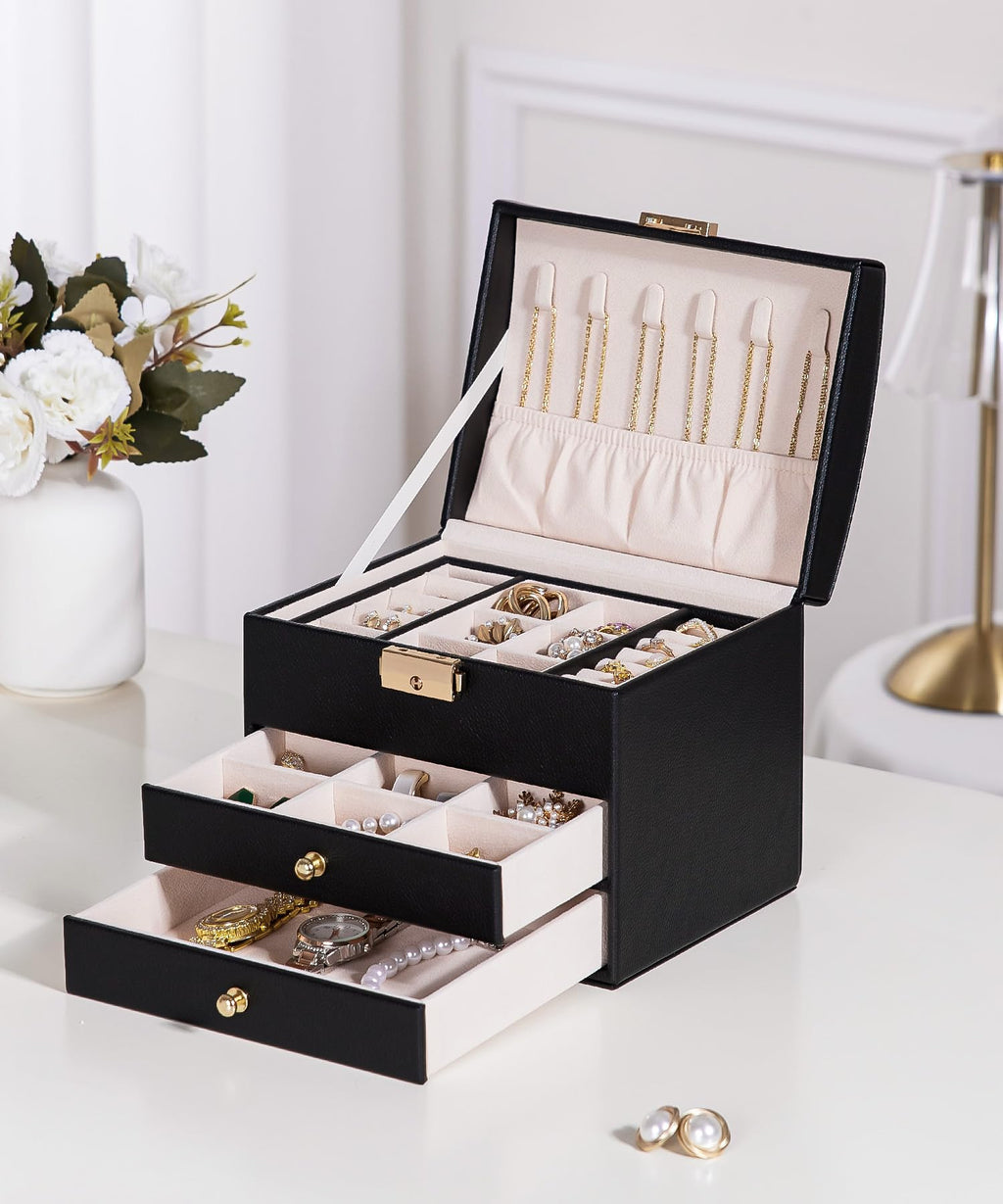 Homde Small Girls Jewelry Box with Lock, Removable Tray and 2 Drawers-Homde