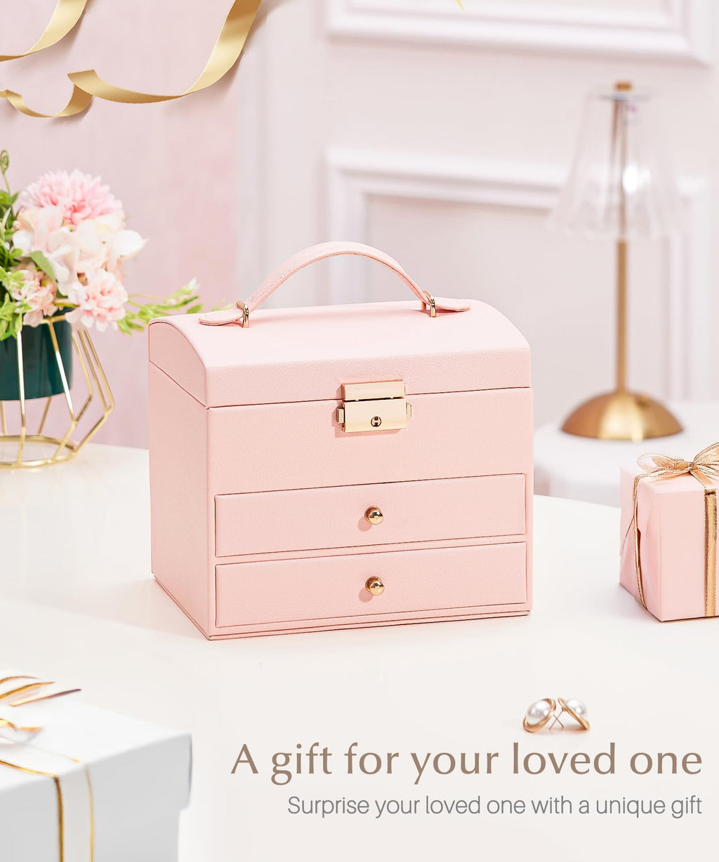 Homde Small Girls Jewelry Box with Lock, Removable Tray and 2 Drawers-Homde
