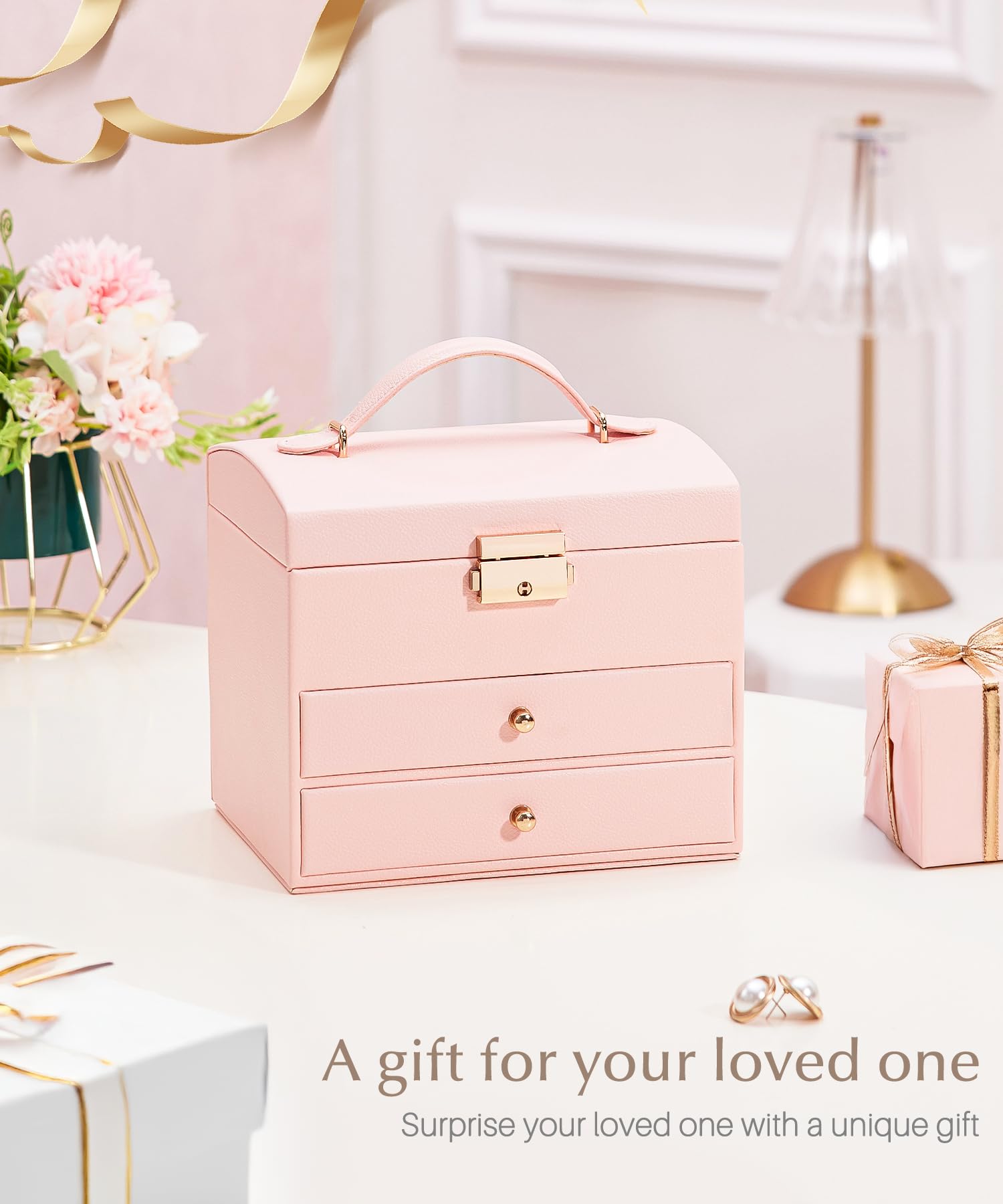 Homde Small Girls Jewelry Box with Lock, Removable Tray and 2 Drawers-Homde
