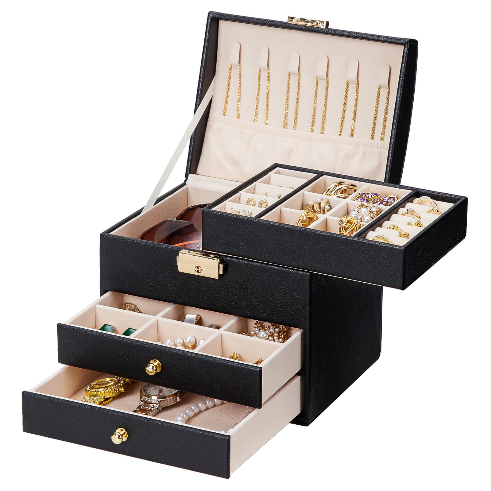 Homde Small Girls Jewelry Box with Lock, Removable Tray and 2 Drawers-Homde
